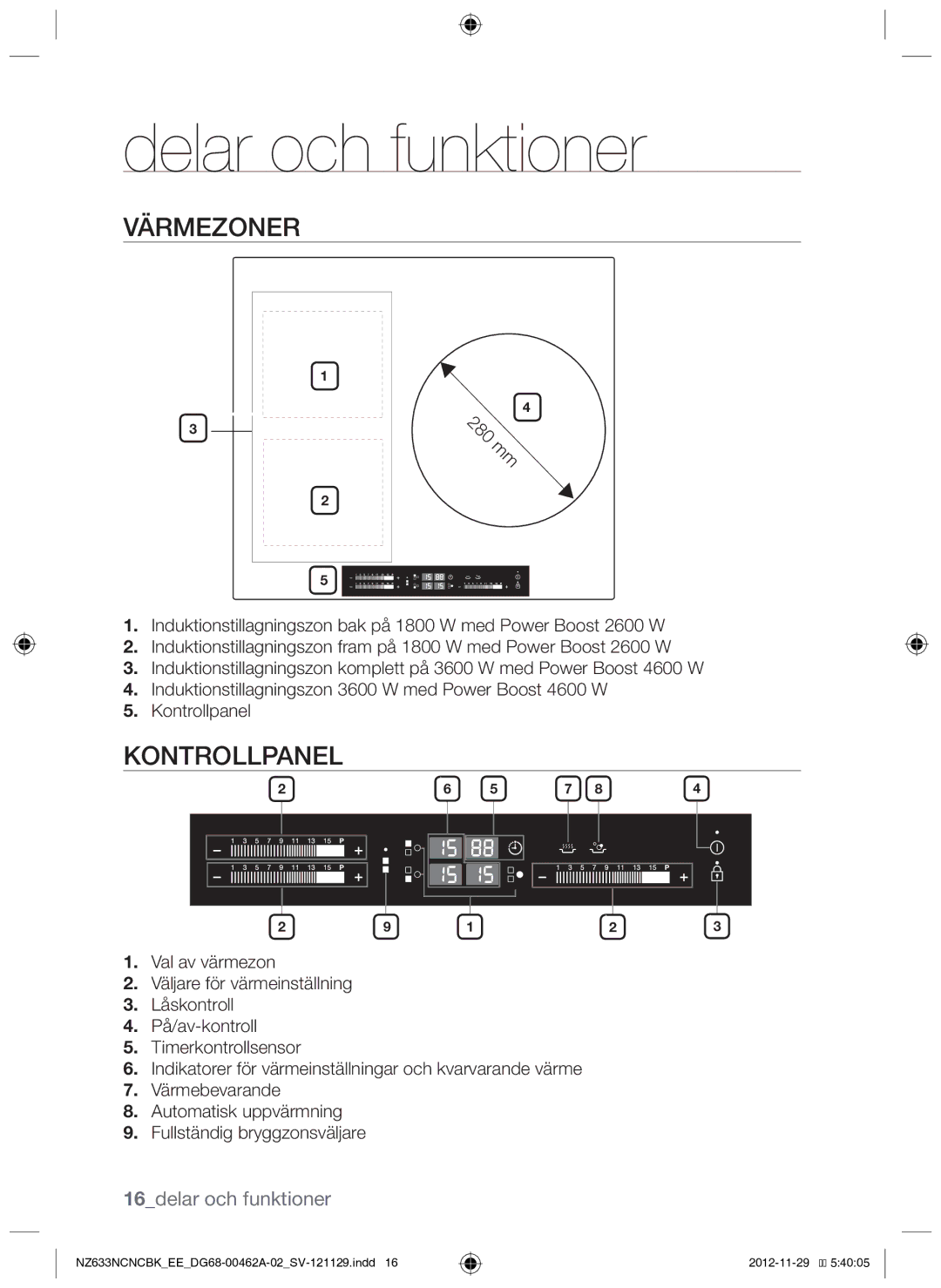 Samsung NZ633NCNCBK/EE manual Delar och funktioner, Värmezoner, 16delar och funktioner 