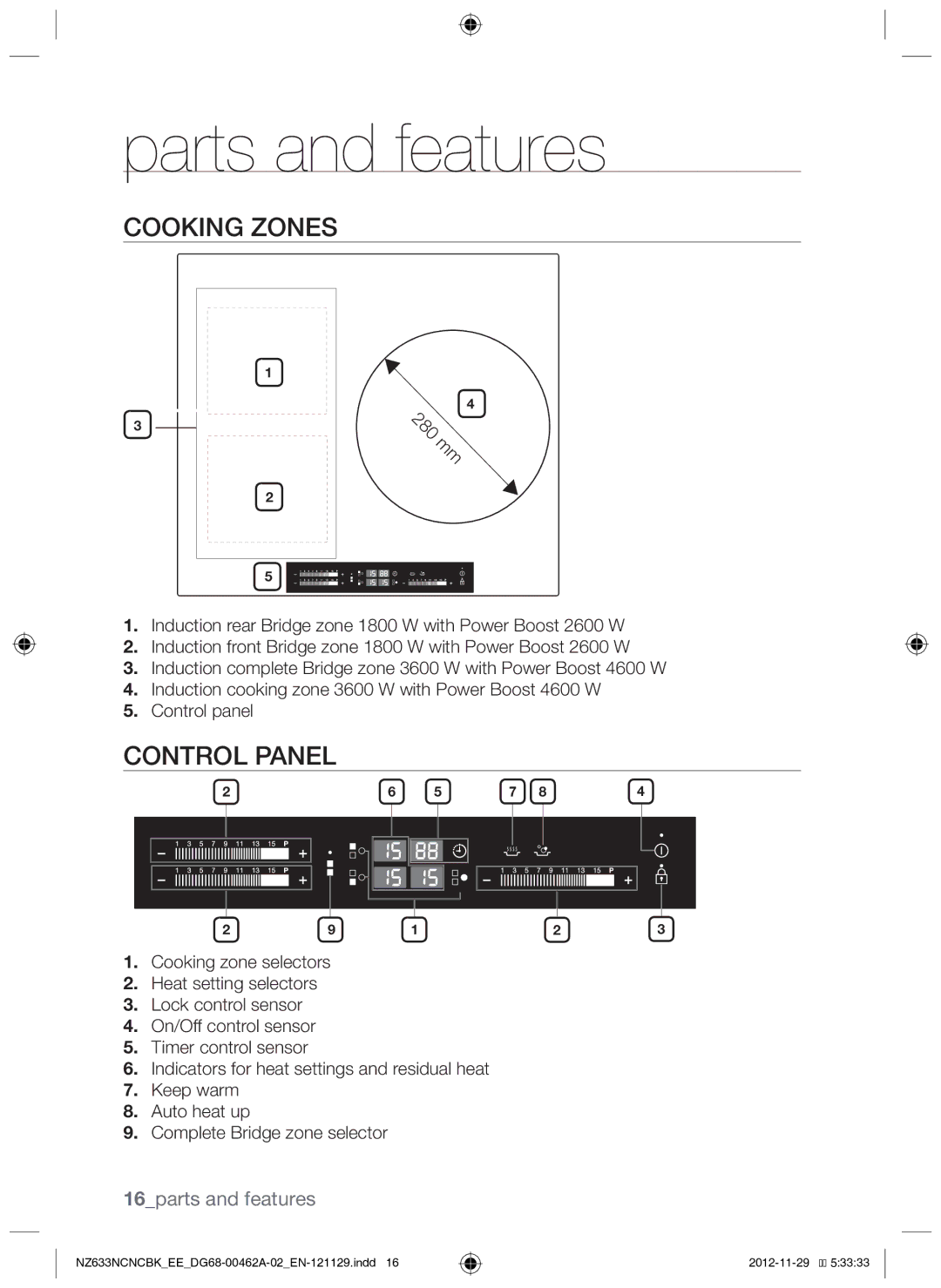 Samsung NZ633NCNCBK/EE manual Parts and features, Cooking zones, Control panel, 16parts and features 