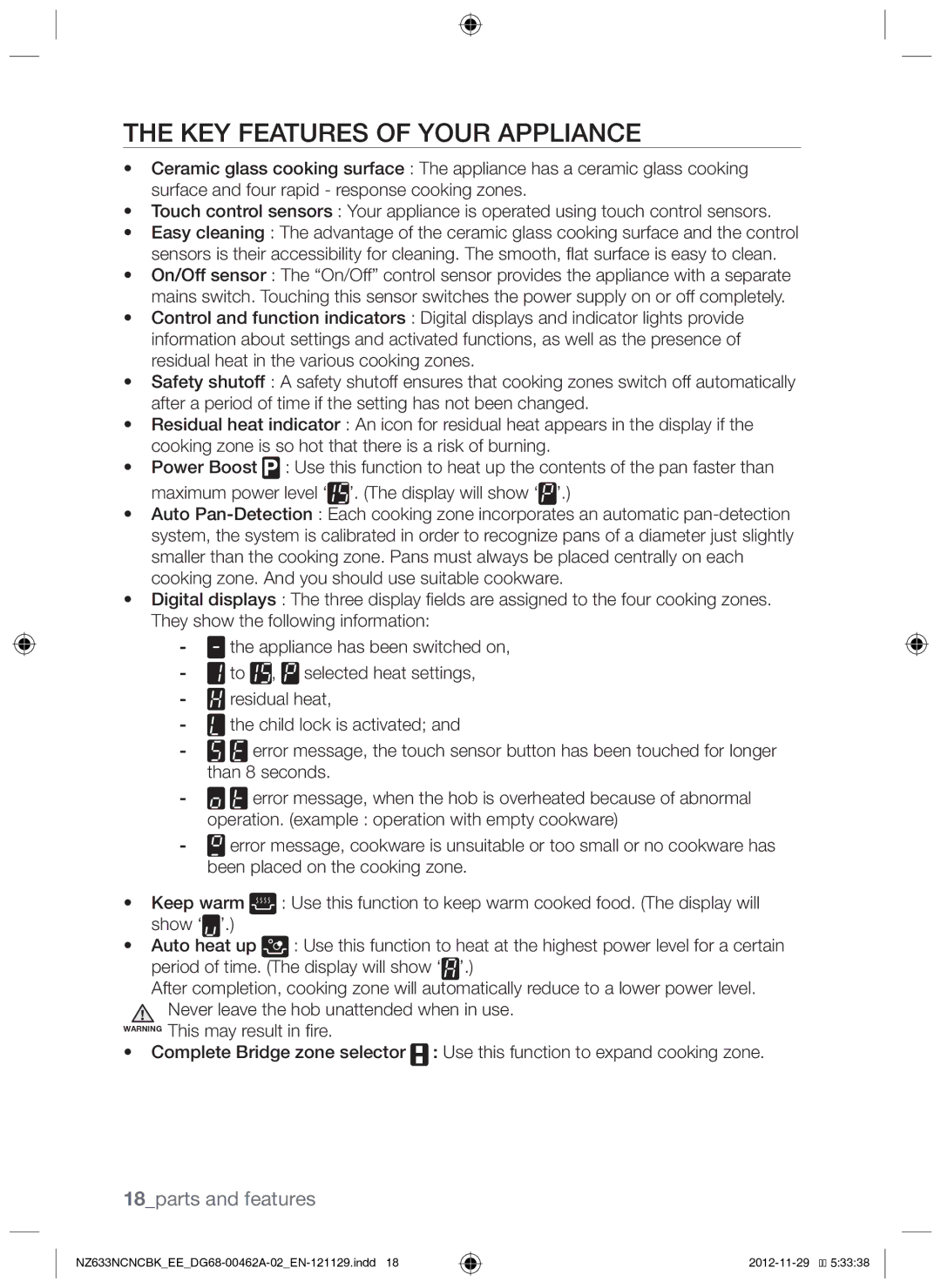 Samsung NZ633NCNCBK/EE manual Key features of your appliance, 18parts and features 