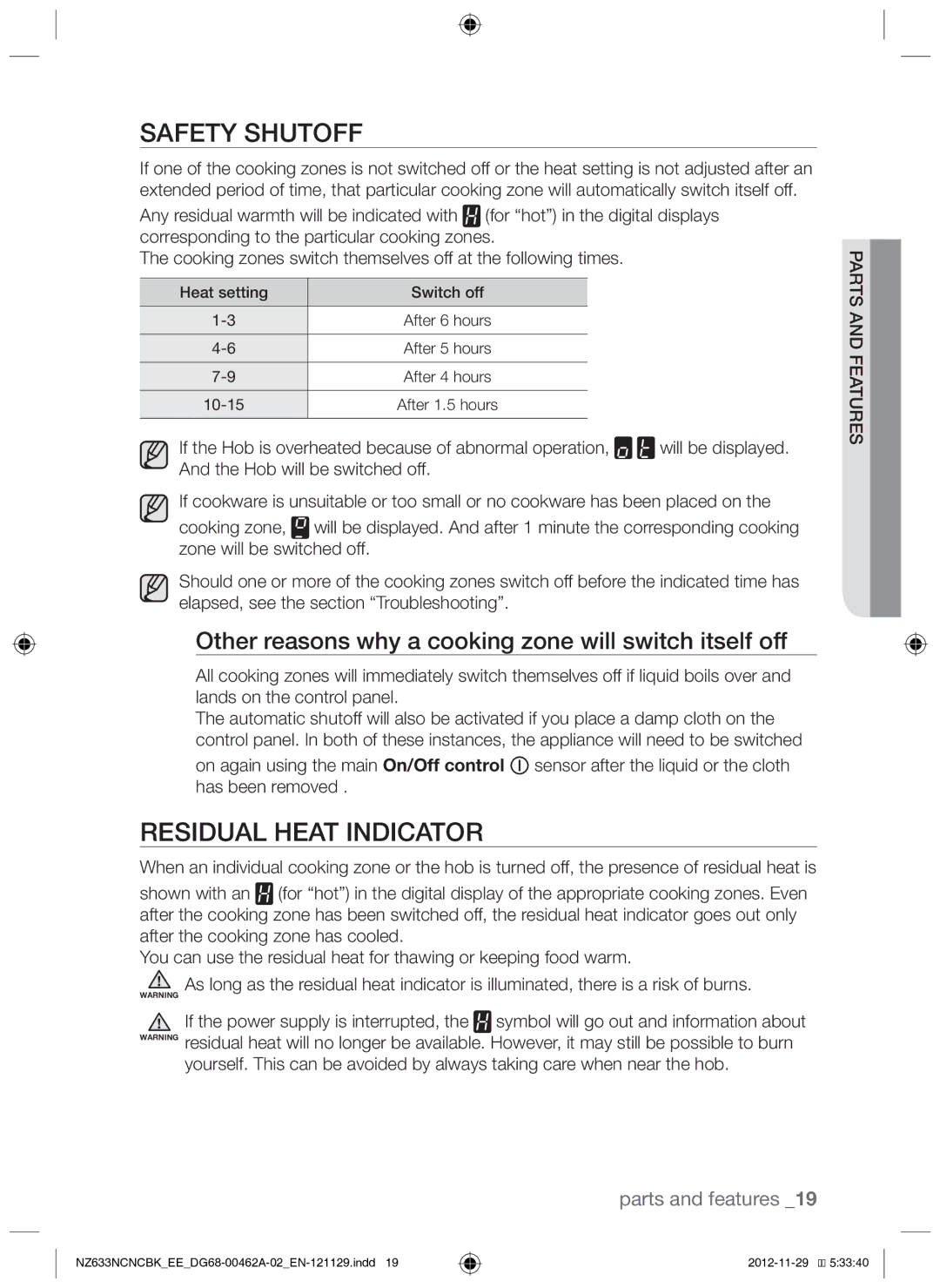 Samsung NZ633NCNCBK/EE Safety shutoff, Residual heat indicator, Other reasons why a cooking zone will switch itself off 