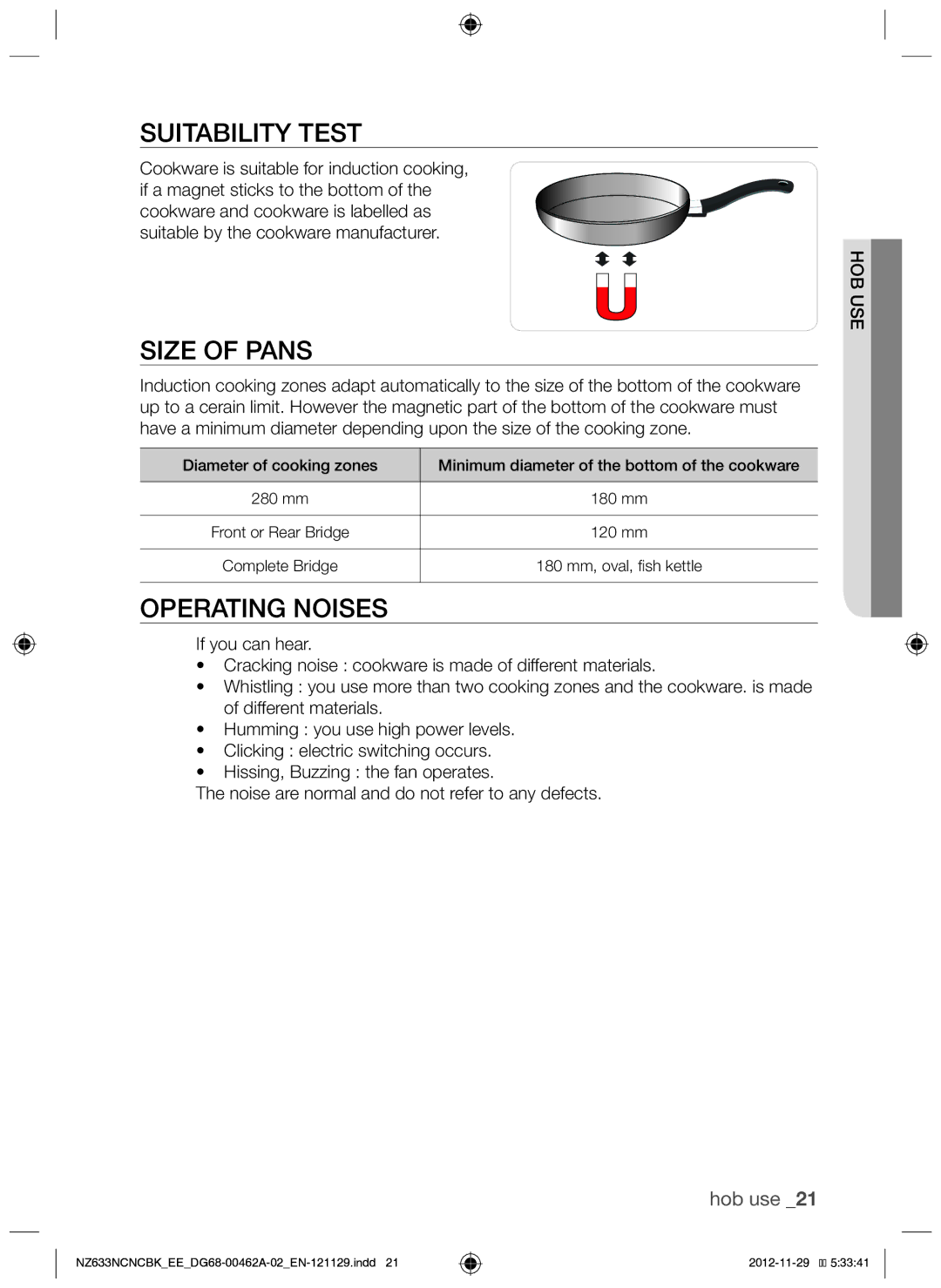 Samsung NZ633NCNCBK/EE manual Suitability test, Size of pans, Operating noises, Hob use, Es hob u 