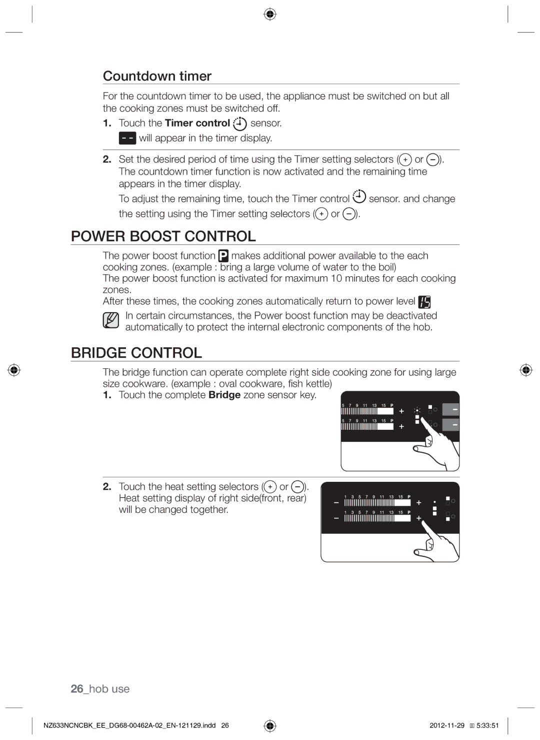 Samsung NZ633NCNCBK/EE manual Power boost control, Bridge Control, Countdown timer, 26hob use 