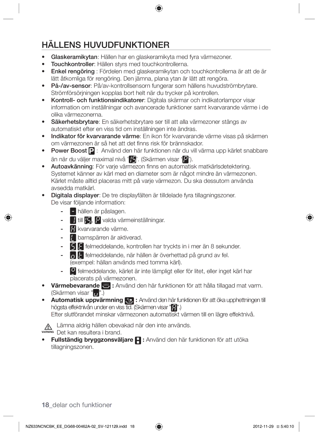 Samsung NZ633NCNCBK/EE manual Hällens huvudfunktioner, 18delar och funktioner 