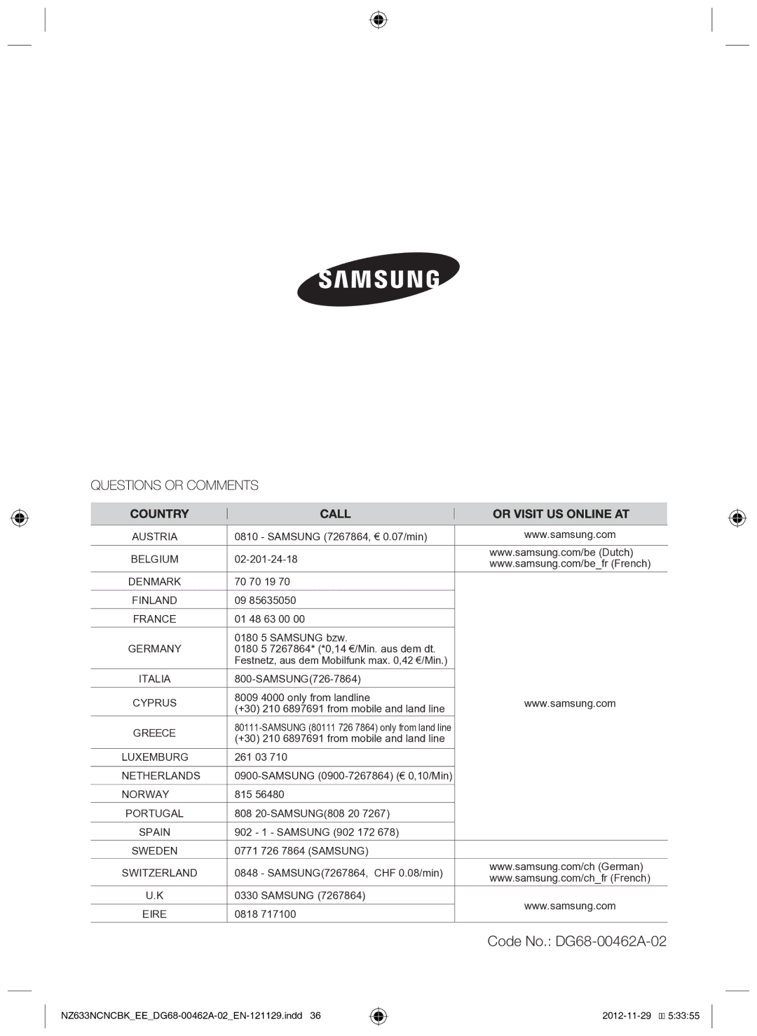 Samsung NZ633NCNCBK/EE manual Code No. DG68-00462A-02 