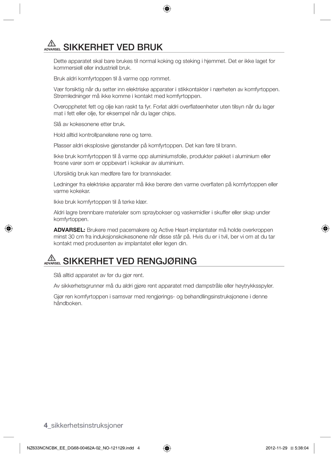 Samsung NZ633NCNCBK/EE manual 4sikkerhetsinstruksjoner 