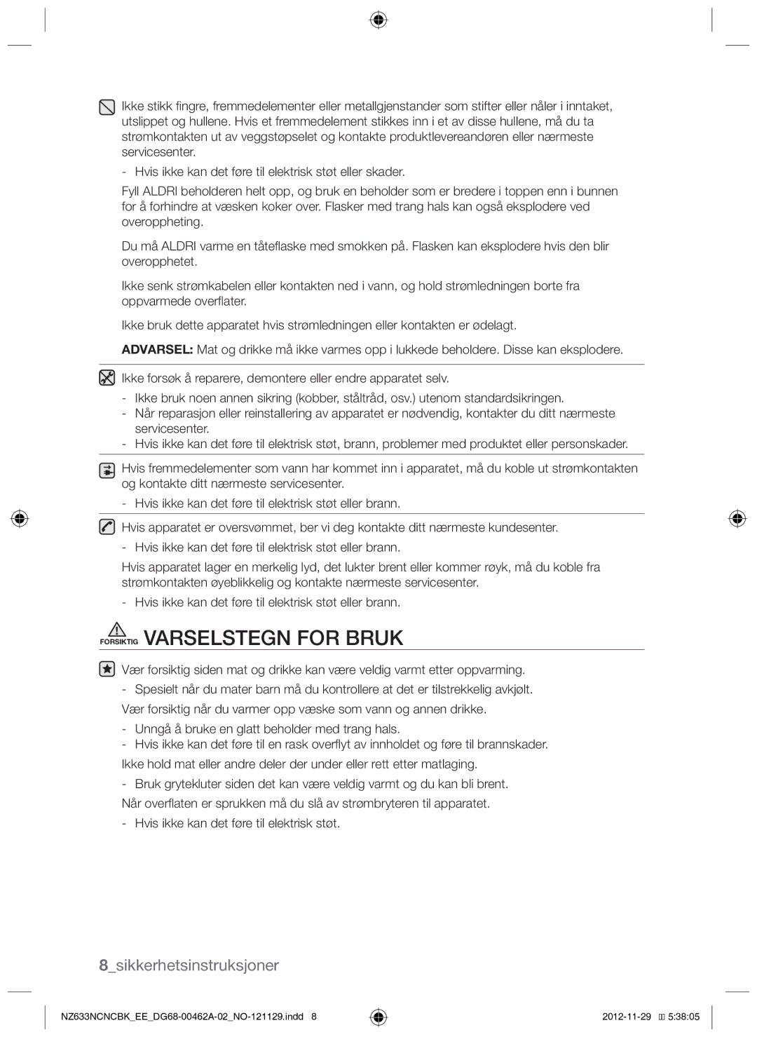 Samsung NZ633NCNCBK/EE manual Forsiktig Varselstegn for bruk, 8sikkerhetsinstruksjoner 