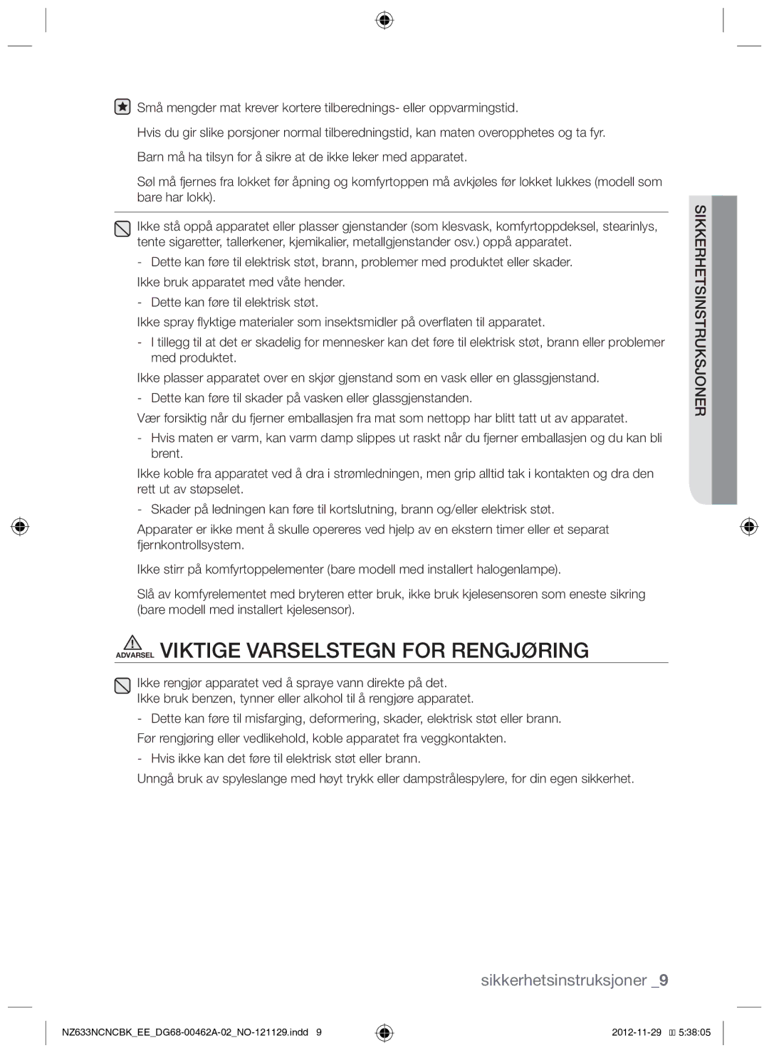 Samsung NZ633NCNCBK/EE manual Sikkerhetsinstruksjoner 