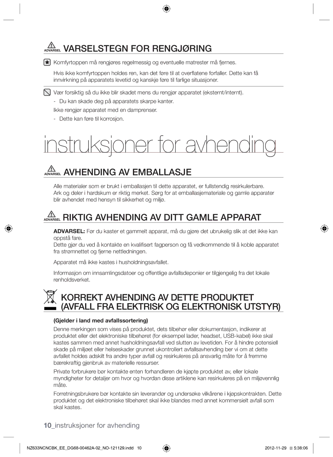 Samsung NZ633NCNCBK/EE manual Instruksjoner for avhending, 10instruksjoner for avhending 