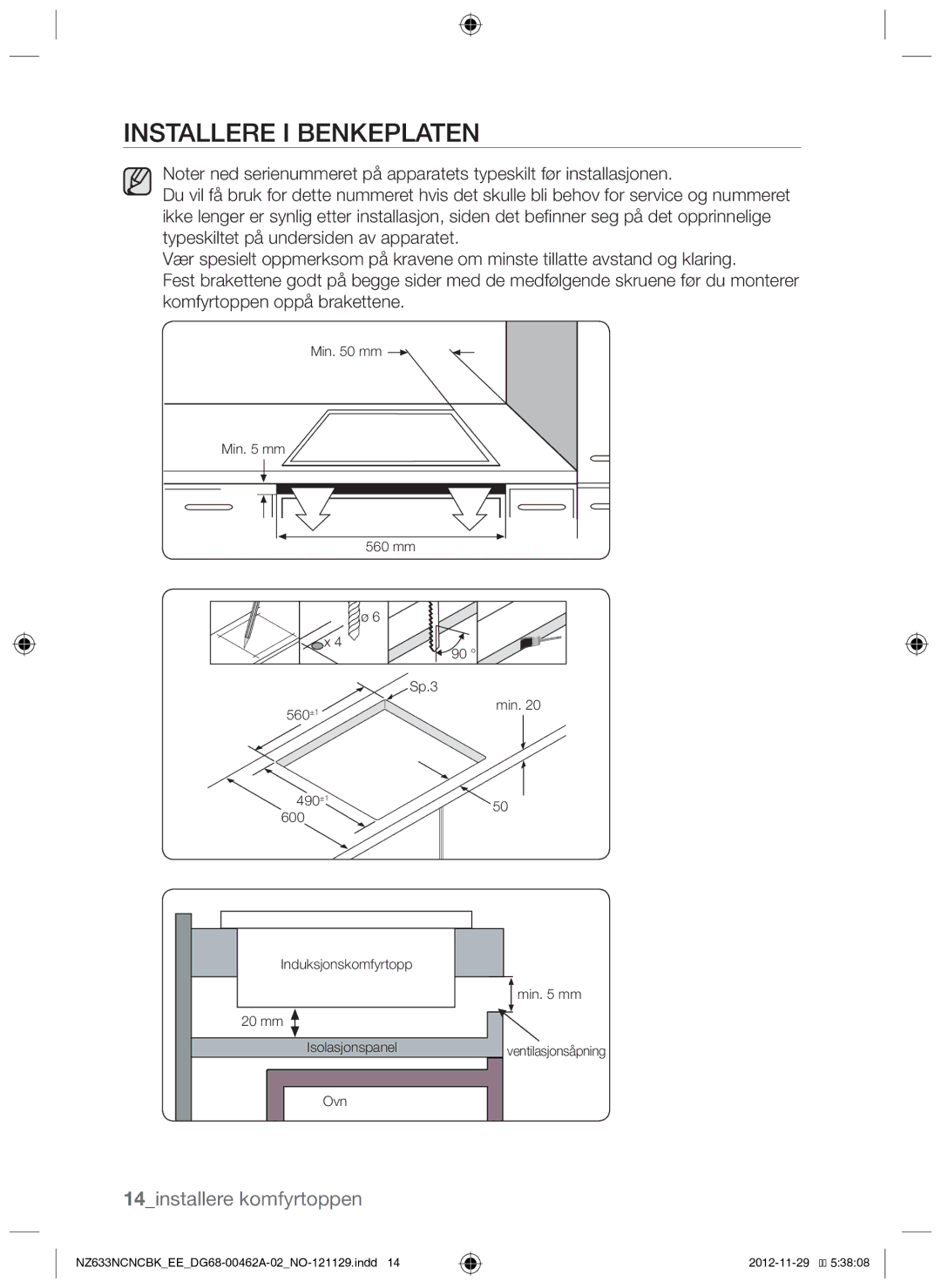 Samsung NZ633NCNCBK/EE manual Installere i benkeplaten, 14installere komfyrtoppen 