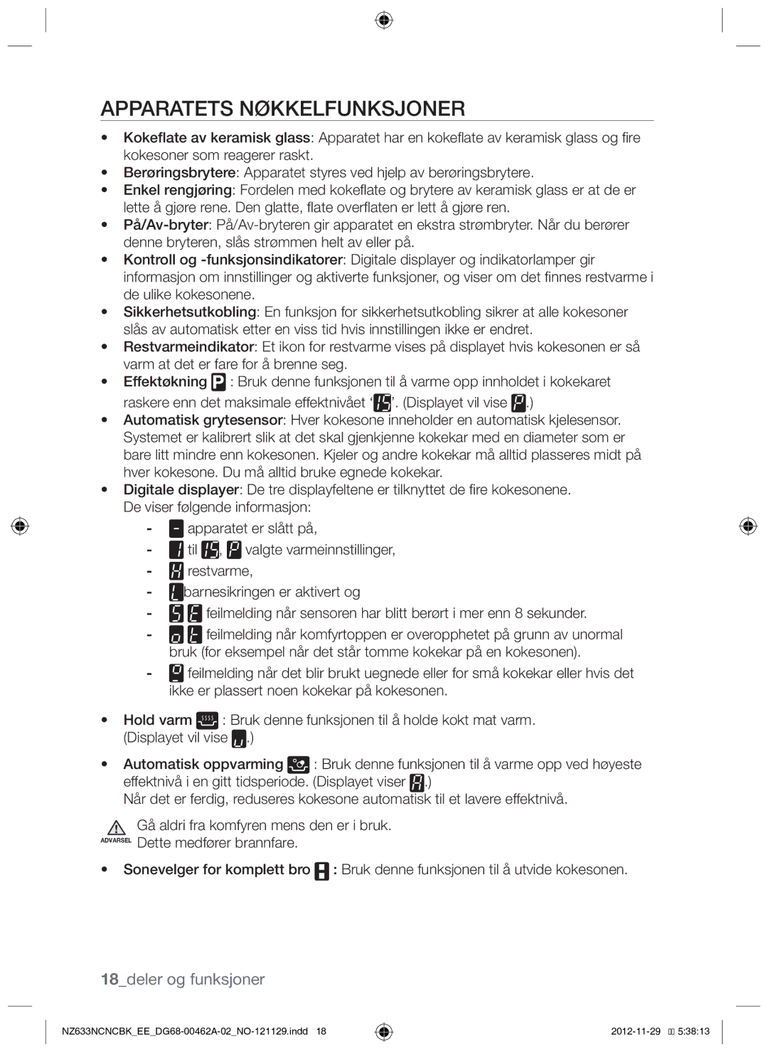 Samsung NZ633NCNCBK/EE manual Apparatets nøkkelfunksjoner, 18deler og funksjoner 