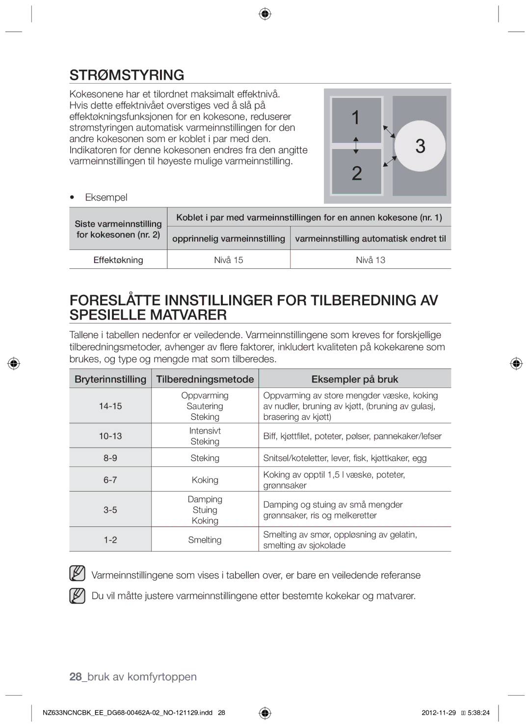 Samsung NZ633NCNCBK/EE manual Strømstyring, 28bruk av komfyrtoppen, Eksempel 