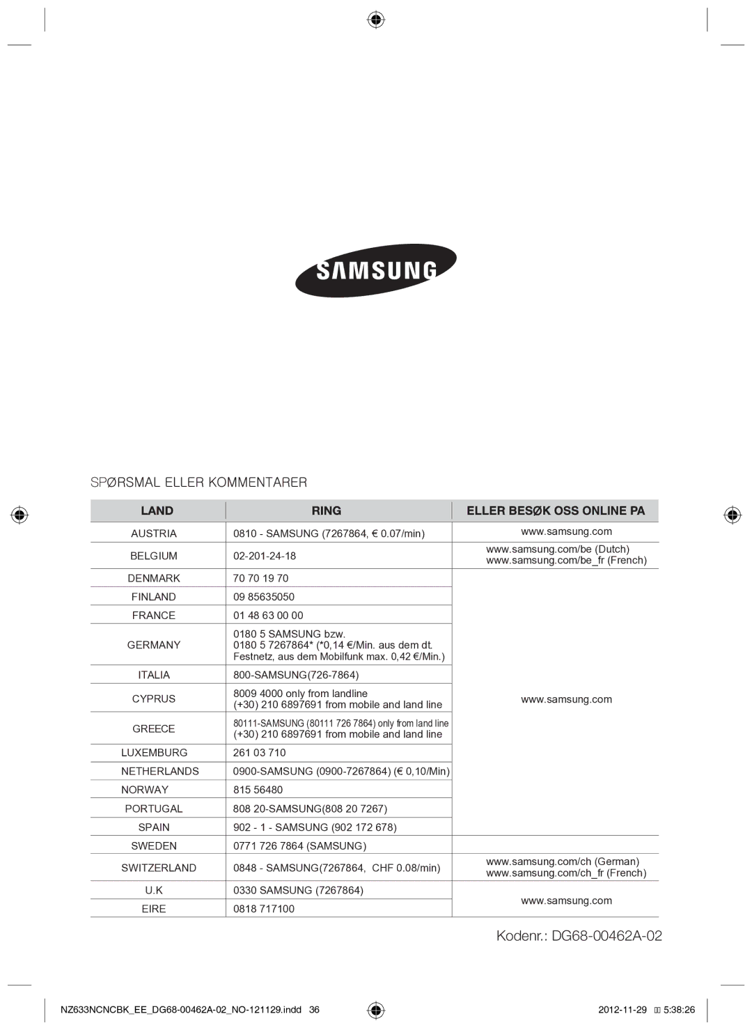 Samsung NZ633NCNCBK/EE manual Kodenr. DG68-00462A-02 