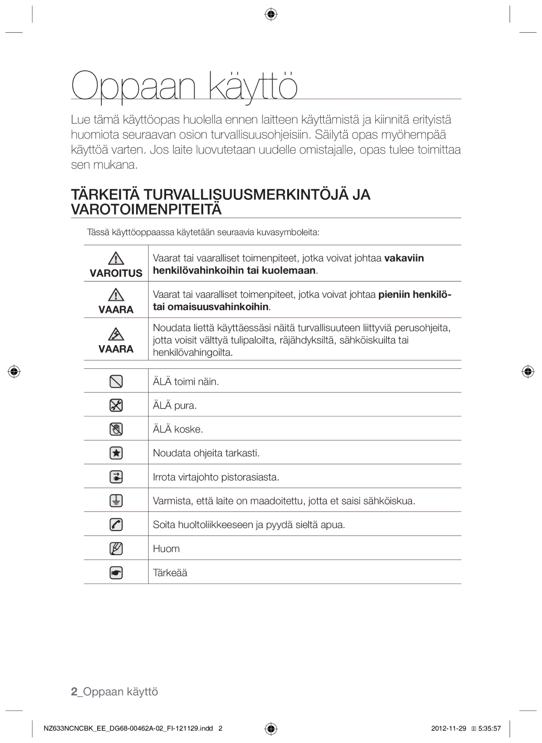 Samsung NZ633NCNCBK/EE manual Tärkeitä turvallisuusmerkintöjä ja varotoimenpiteitä, 2Oppaan käyttö 