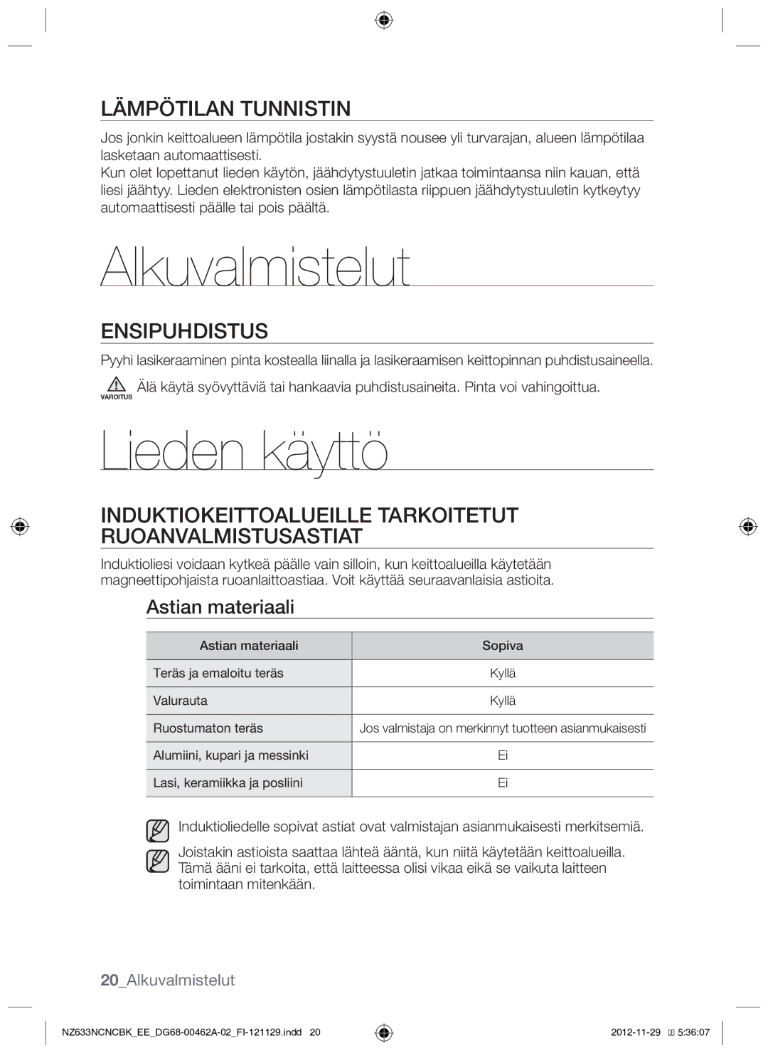 Samsung NZ633NCNCBK/EE manual Alkuvalmistelut, Lieden käyttö, Lämpötilan tunnistin, Ensipuhdistus 