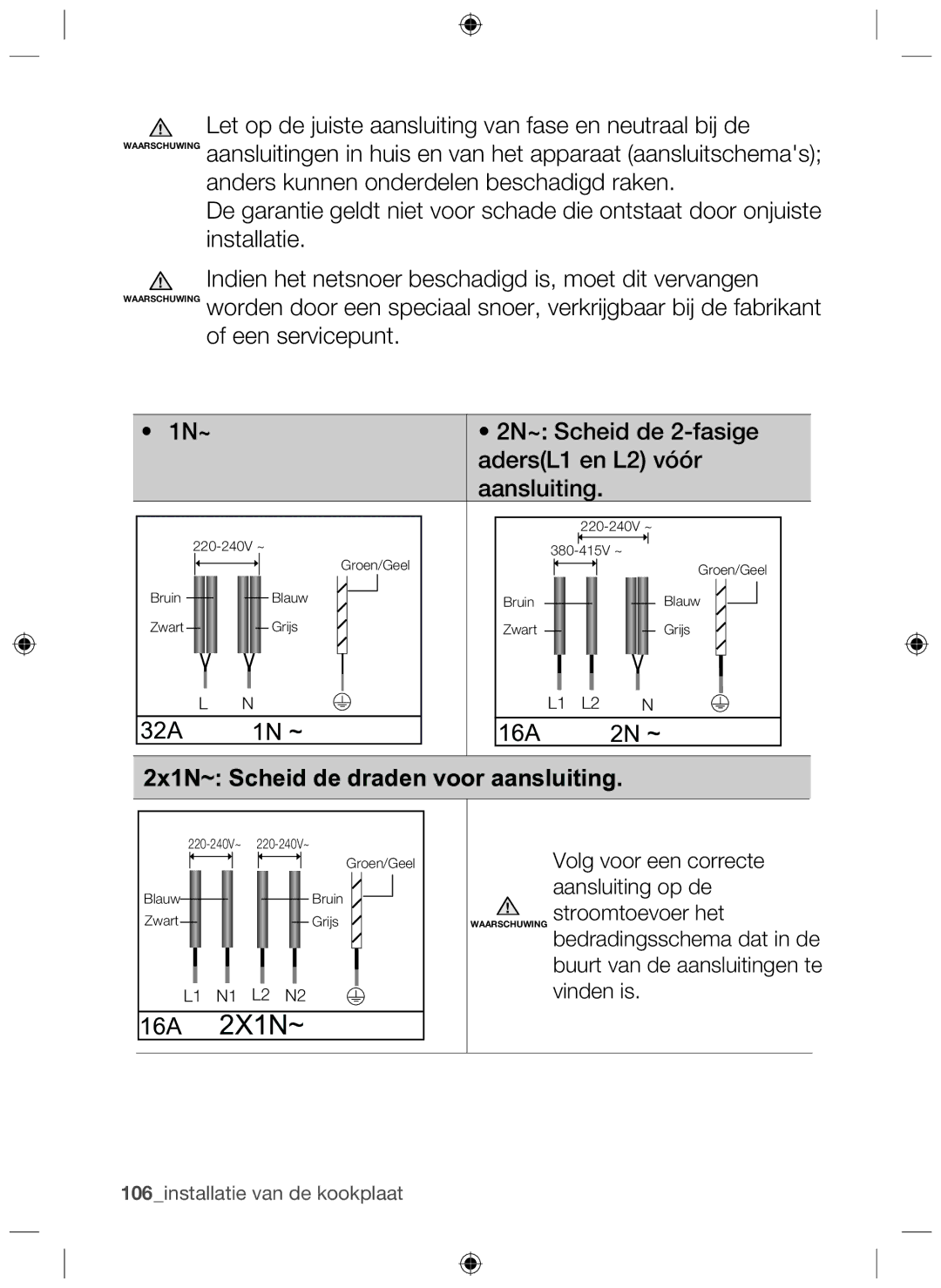 Samsung NZ63F3NM1AB/UR manual 16A 2X1N~, 2x1N~ Scheid de draden voor aansluiting 