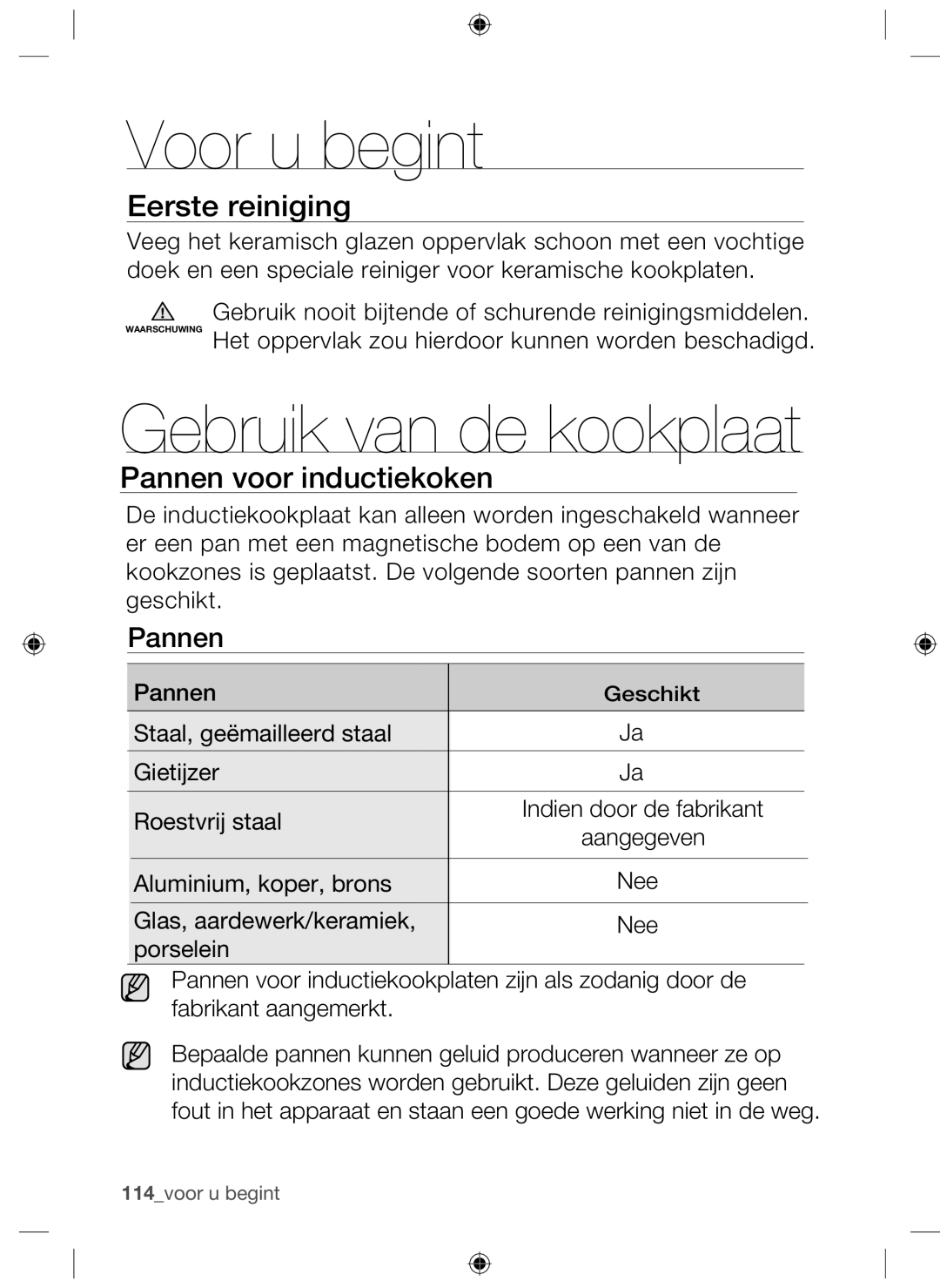 Samsung NZ63F3NM1AB/UR manual Voor u begint, Gebruik van de kookplaat, Eerste reiniging, Pannen voor inductiekoken 