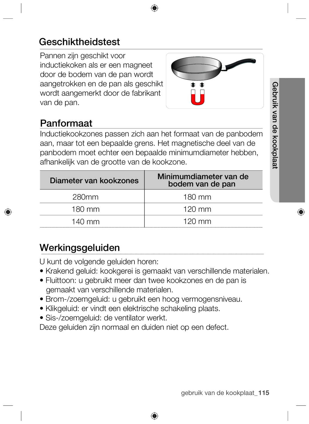 Samsung NZ63F3NM1AB/UR manual Geschiktheidstest, Panformaat, Werkingsgeluiden 