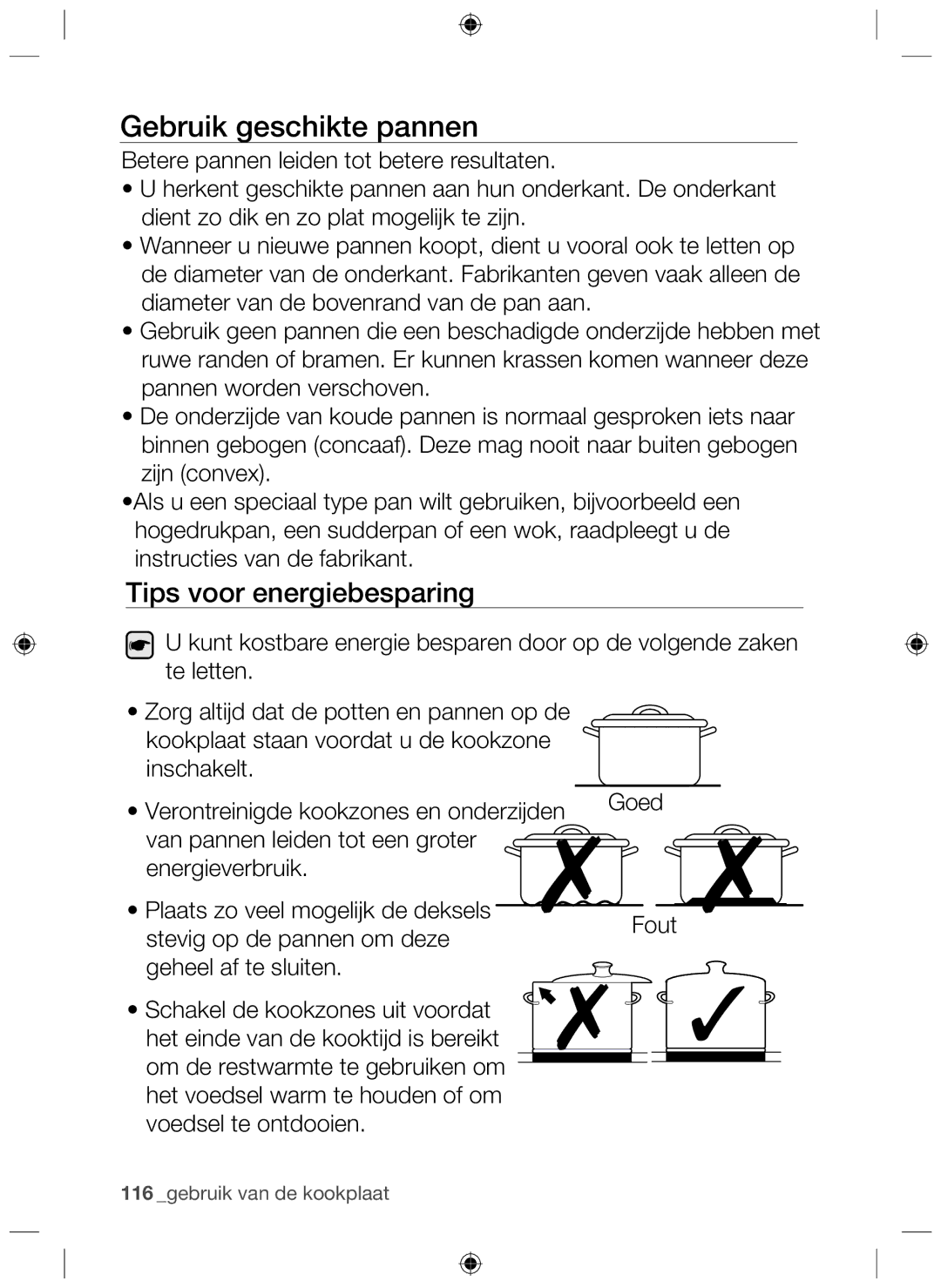 Samsung NZ63F3NM1AB/UR manual Gebruik geschikte pannen, Tips voor energiebesparing 