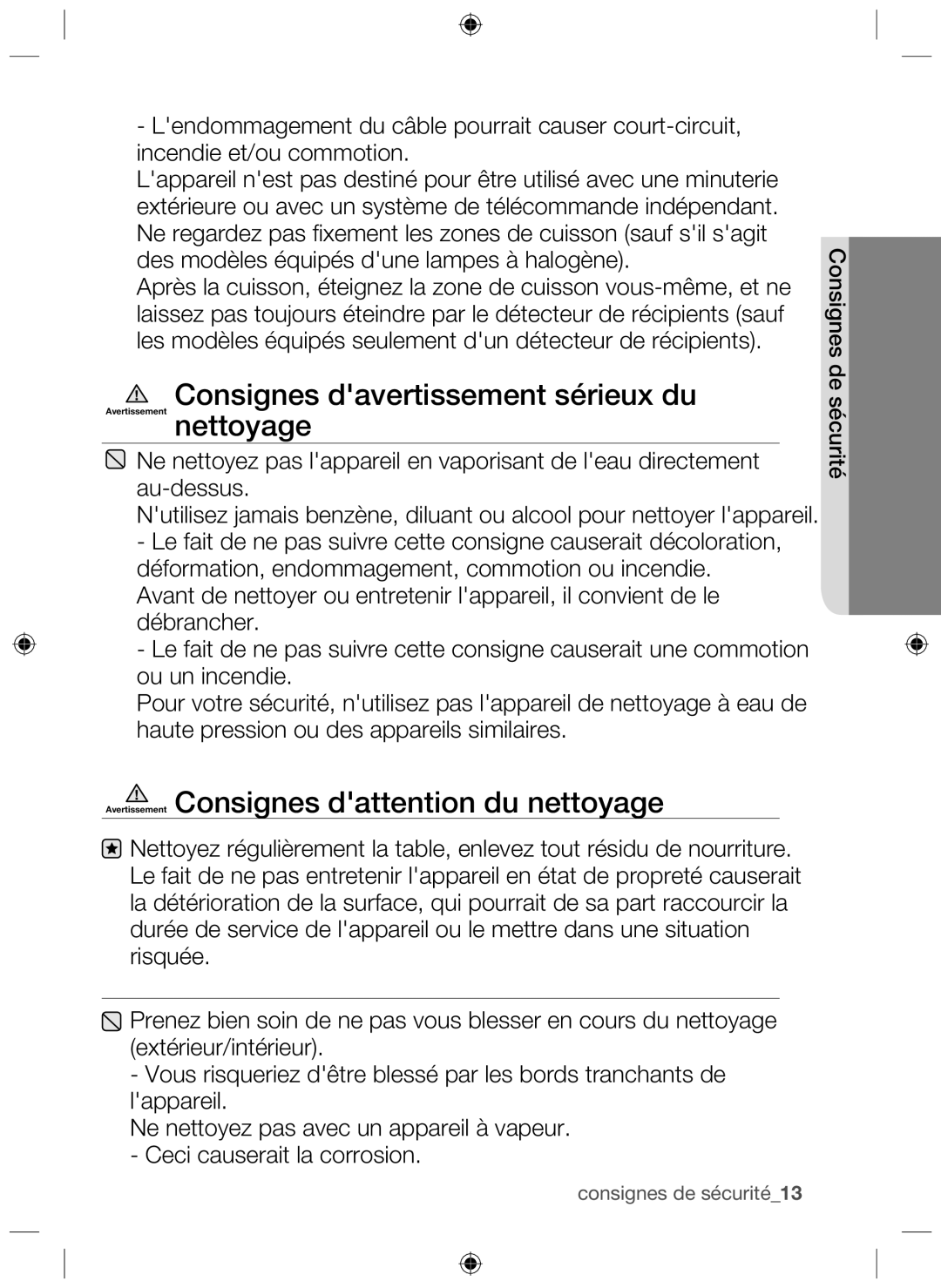 Samsung NZ63F3NM1AB/UR manual Consignes davertissement sérieux du, Avertissement Consignes dattention du nettoyage 