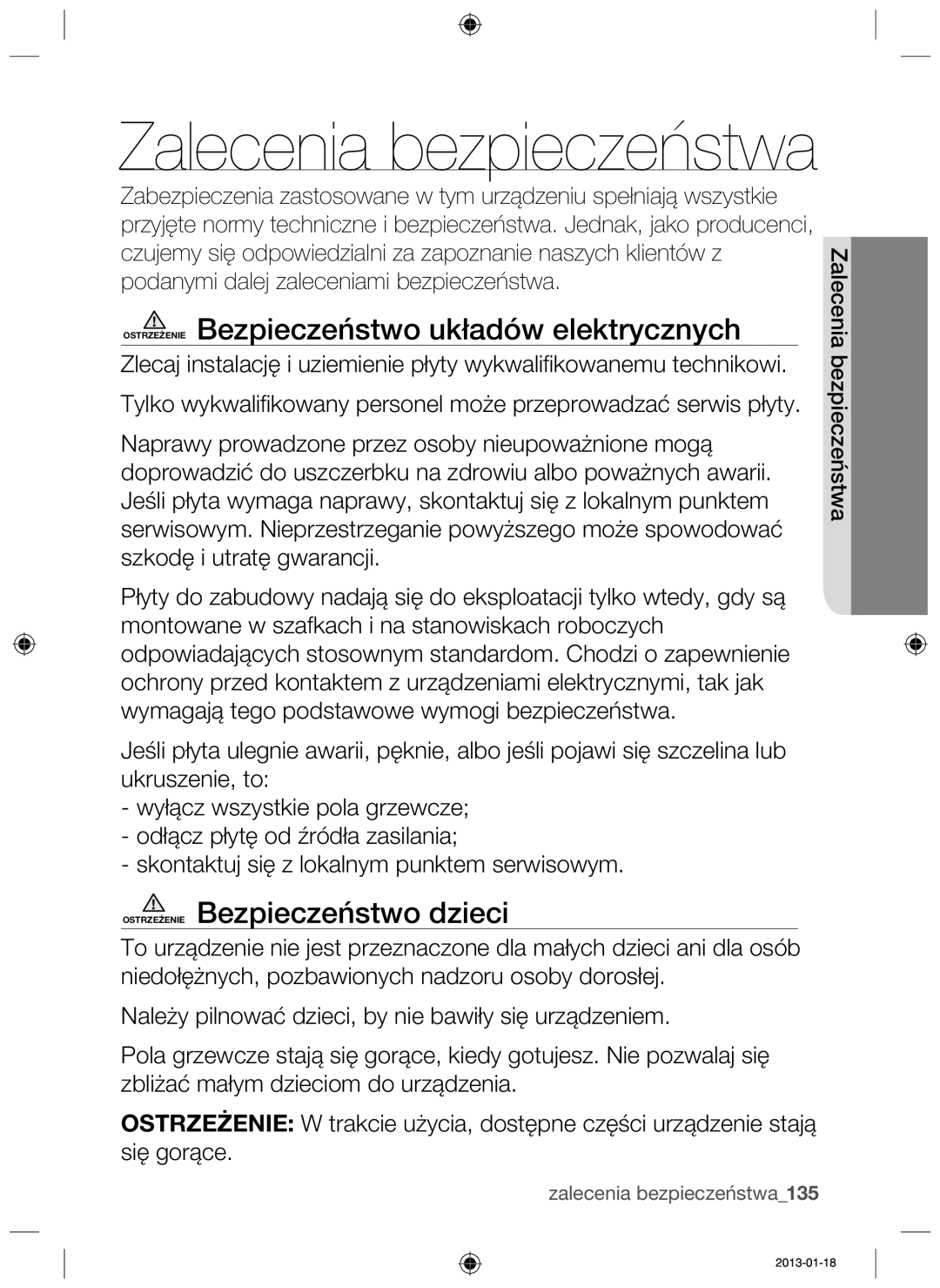 Samsung NZ63F3NM1AB/UR manual Ostrzeżenie Bezpieczeństwo układów elektrycznych, Ostrzeżenie Bezpieczeństwo dzieci 