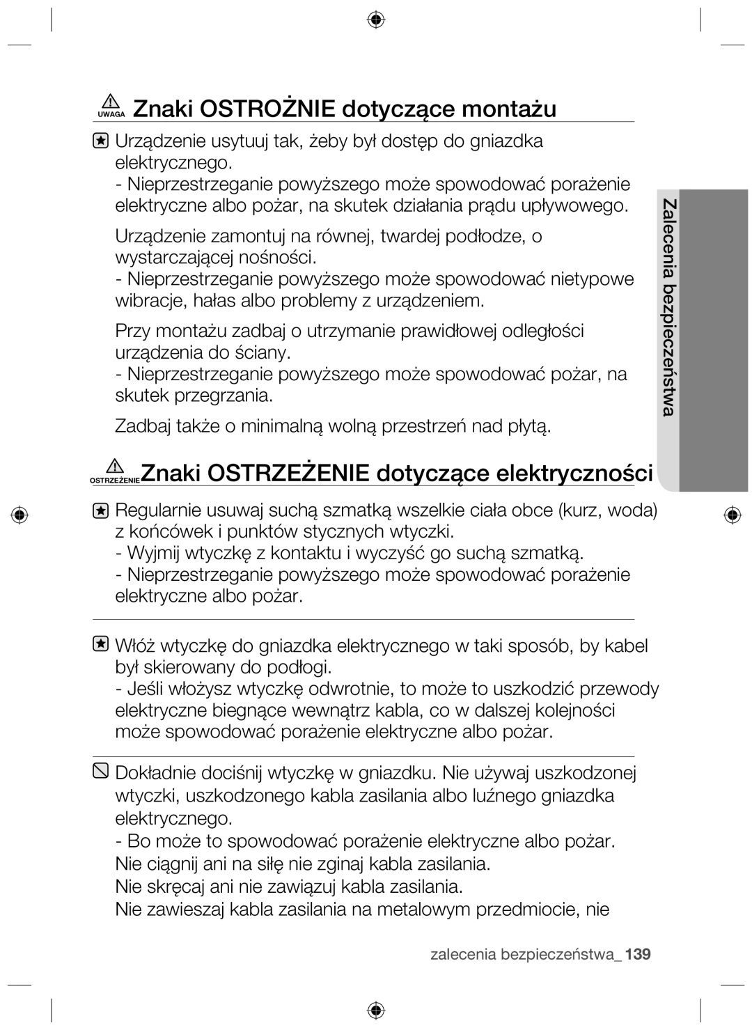 Samsung NZ63F3NM1AB/UR Uwaga Znaki Ostrożnie dotyczące montażu, OSTRZEŻENIEZnaki Ostrzeżenie dotyczące elektryczności 