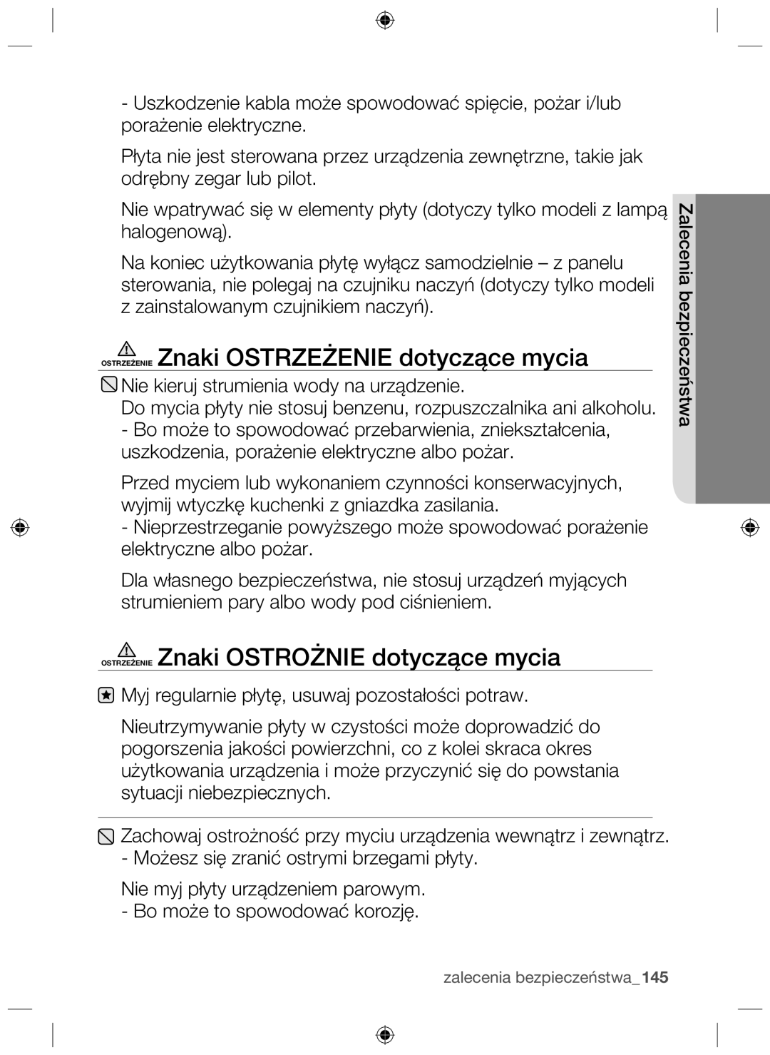 Samsung NZ63F3NM1AB/UR manual Ostrzeżenie Znaki Ostrzeżenie dotyczące mycia, Ostrzeżenie Znaki Ostrożnie dotyczące mycia 