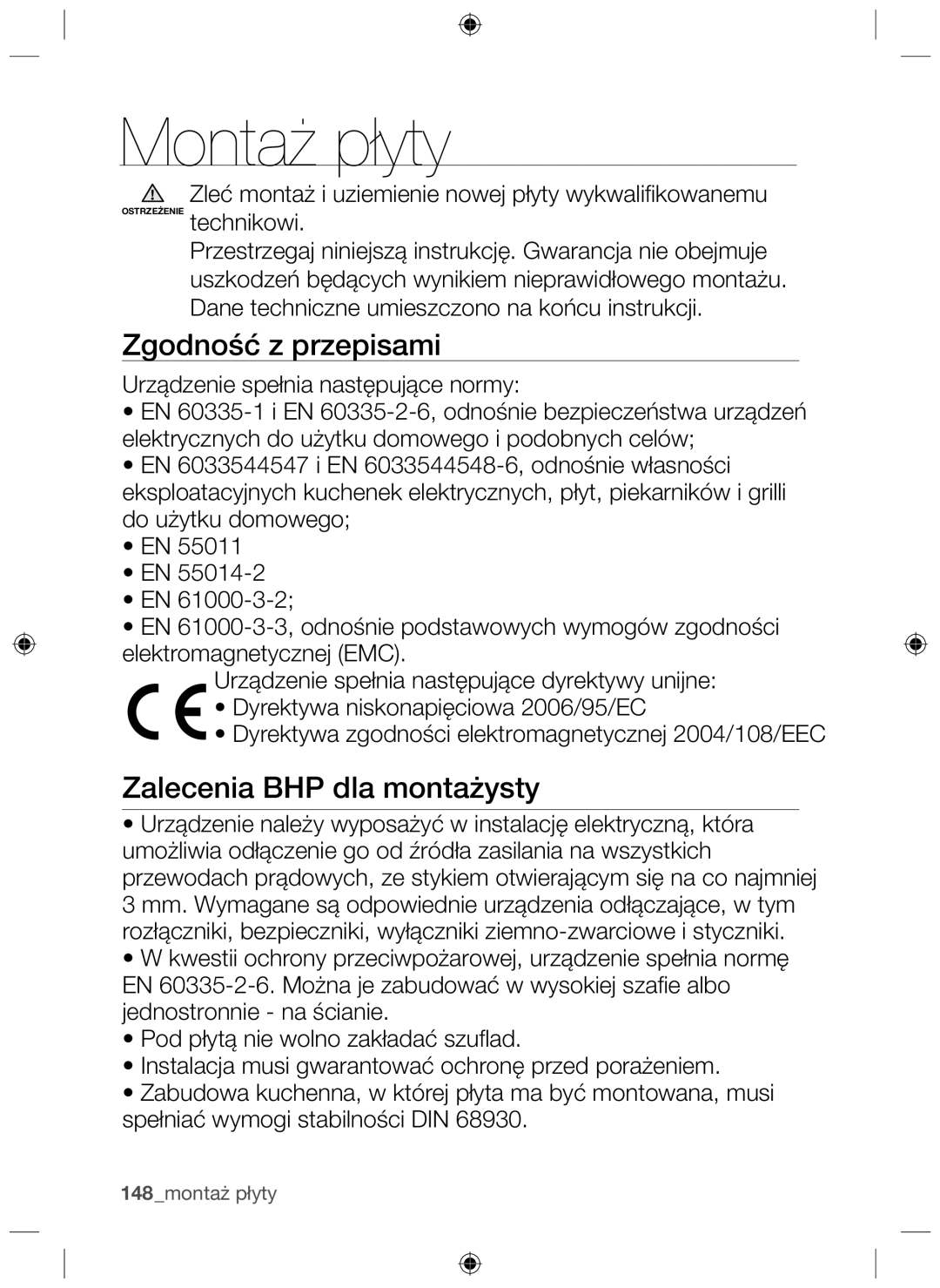 Samsung NZ63F3NM1AB/UR manual Montaż płyty, Zgodność z przepisami, Zalecenia BHP dla montażysty 