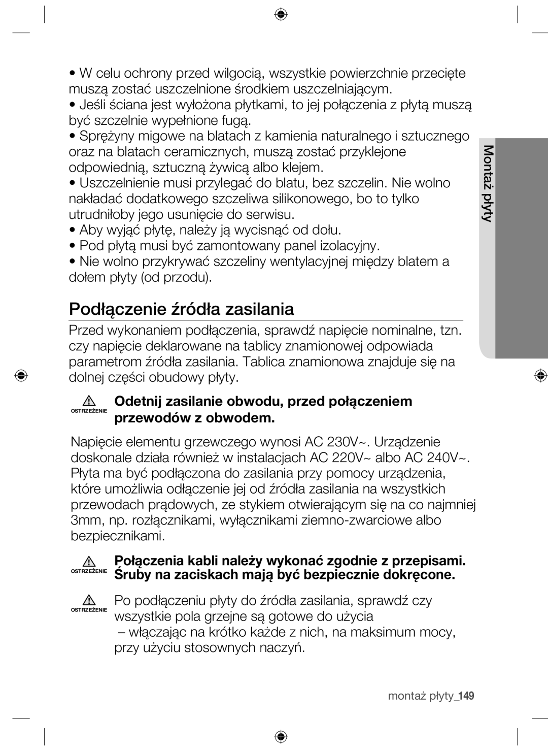 Samsung NZ63F3NM1AB/UR manual Montaż płyty149 