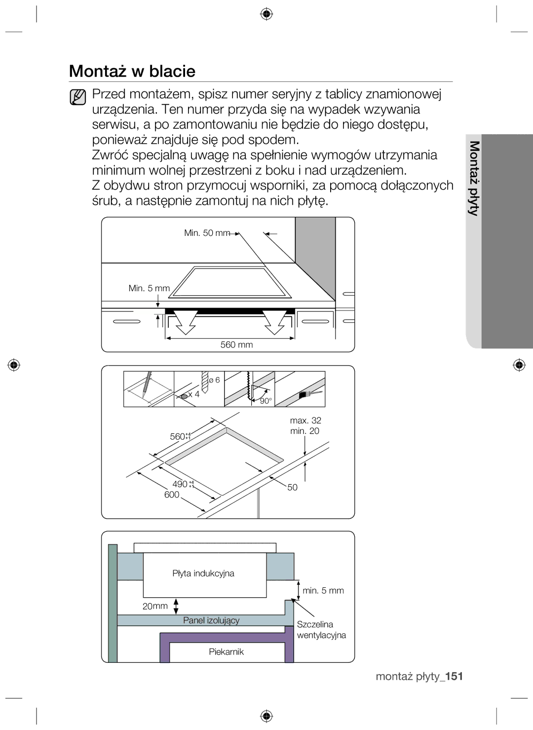 Samsung NZ63F3NM1AB/UR manual Montaż w blacie, Montaż płyty 