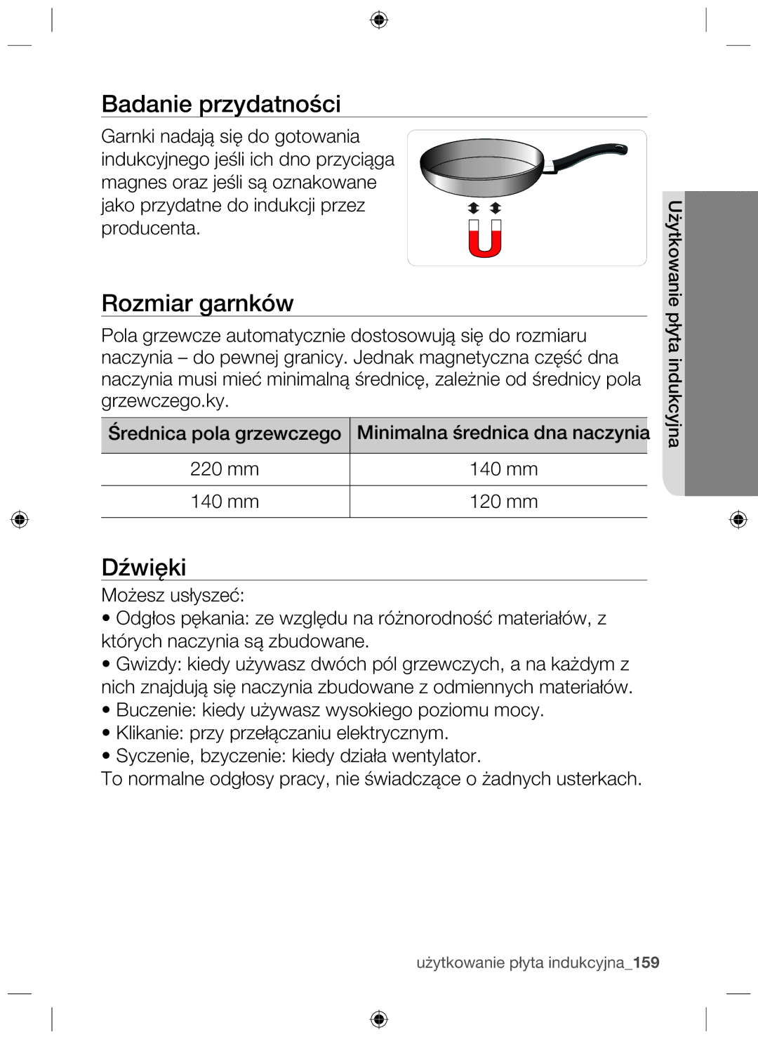 Samsung NZ63F3NM1AB/UR manual Badanie przydatności, Rozmiar garnków, Dźwięki 