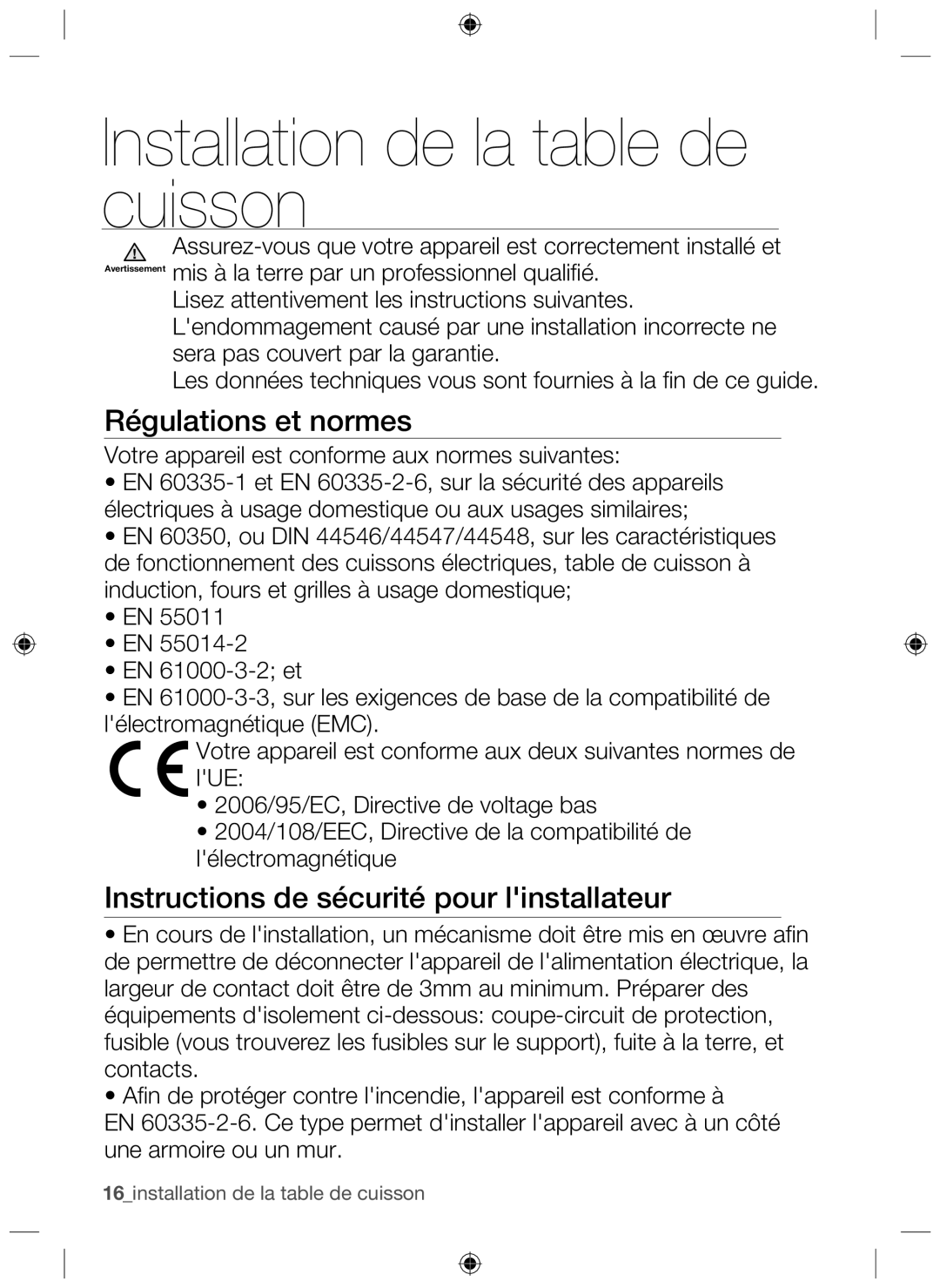 Samsung NZ63F3NM1AB/UR manual Installation de la table de cuisson, Régulations et normes 