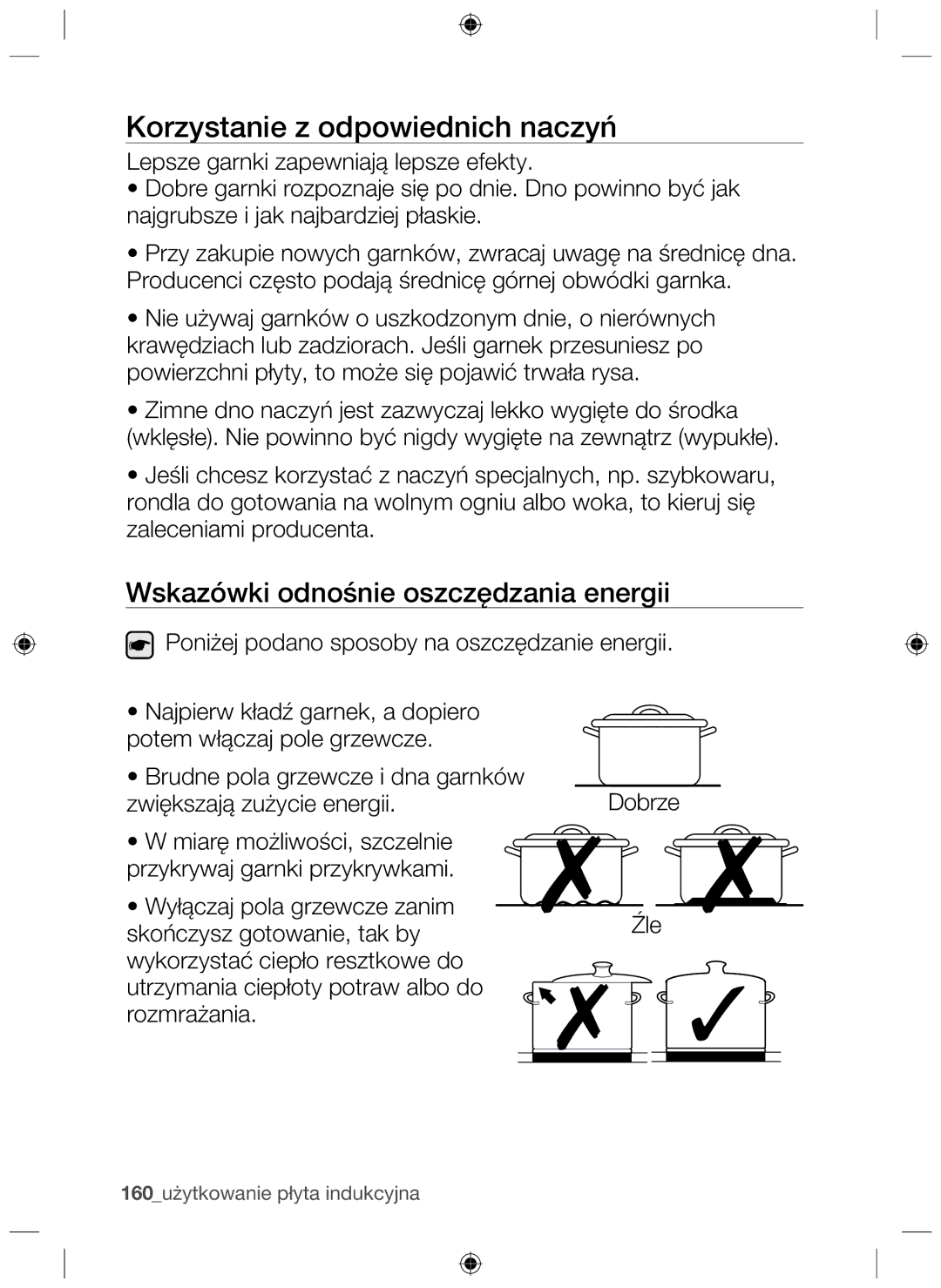 Samsung NZ63F3NM1AB/UR manual Korzystanie z odpowiednich naczyń, Wskazówki odnośnie oszczędzania energii 