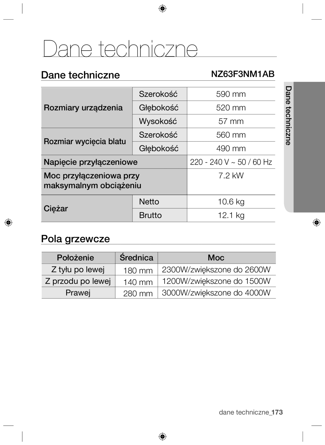 Samsung NZ63F3NM1AB/UR manual Dane techniczne, Pola grzewcze 