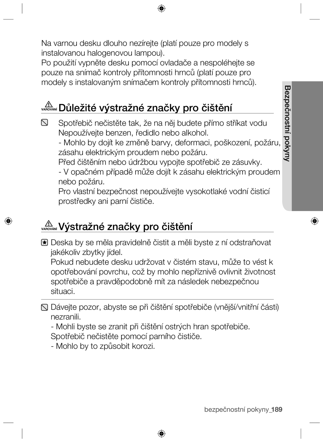 Samsung NZ63F3NM1AB/UR manual Varování Důležité výstražné značky pro čištění, Varování Výstražné značky pro čištění 