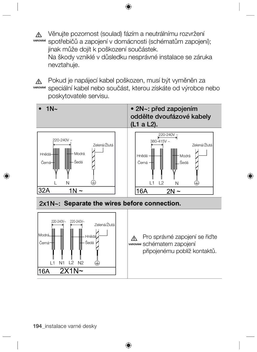 Samsung NZ63F3NM1AB/UR manual 16A 2X1N~, 2x1N~ Separate the wires before connection 