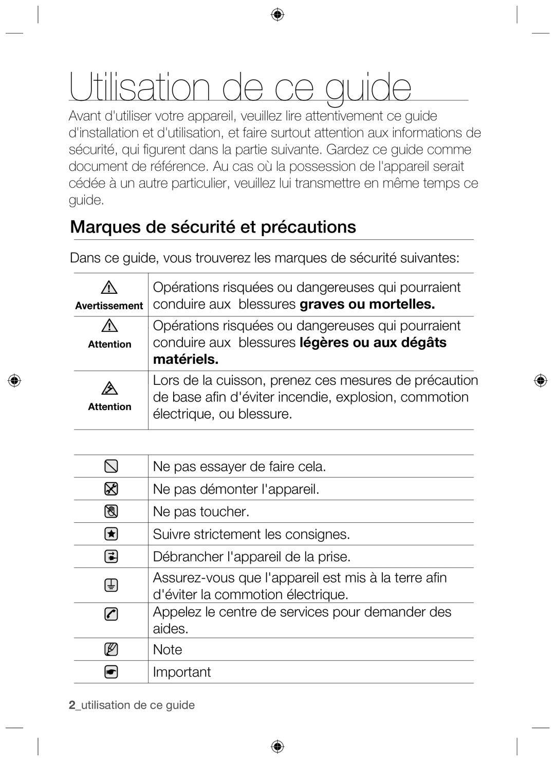 Samsung NZ63F3NM1AB/UR manual Utilisation de ce guide, Marques de sécurité et précautions, Matériels 