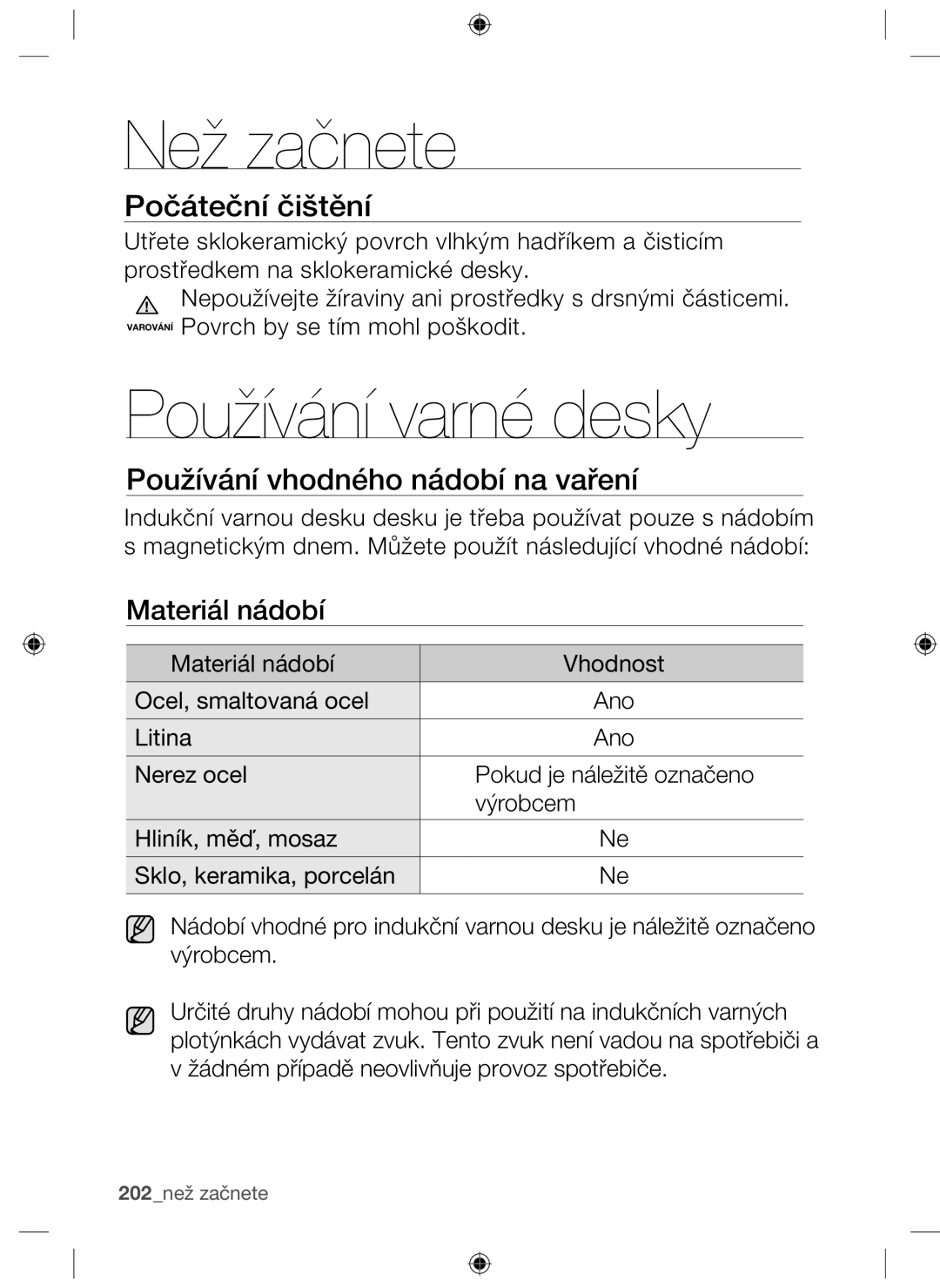 Samsung NZ63F3NM1AB/UR manual Než začnete, Používání varné desky, Počáteční čištění, Používání vhodného nádobí na vaření 