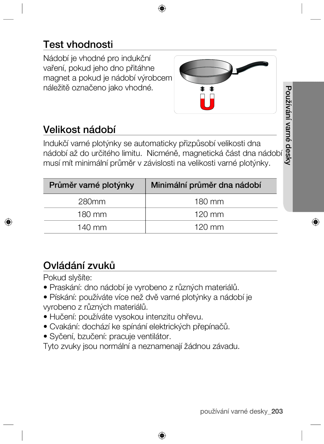 Samsung NZ63F3NM1AB/UR manual Test vhodnosti, Velikost nádobí, Ovládání zvuků 