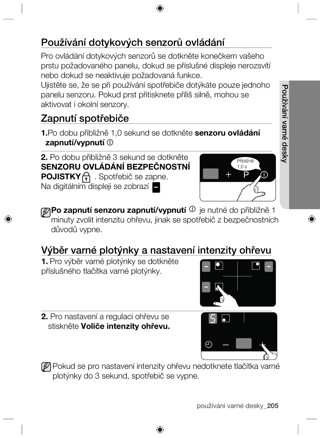 Samsung NZ63F3NM1AB/UR manual Používání dotykových senzorů ovládání, Zapnutí spotřebiče 