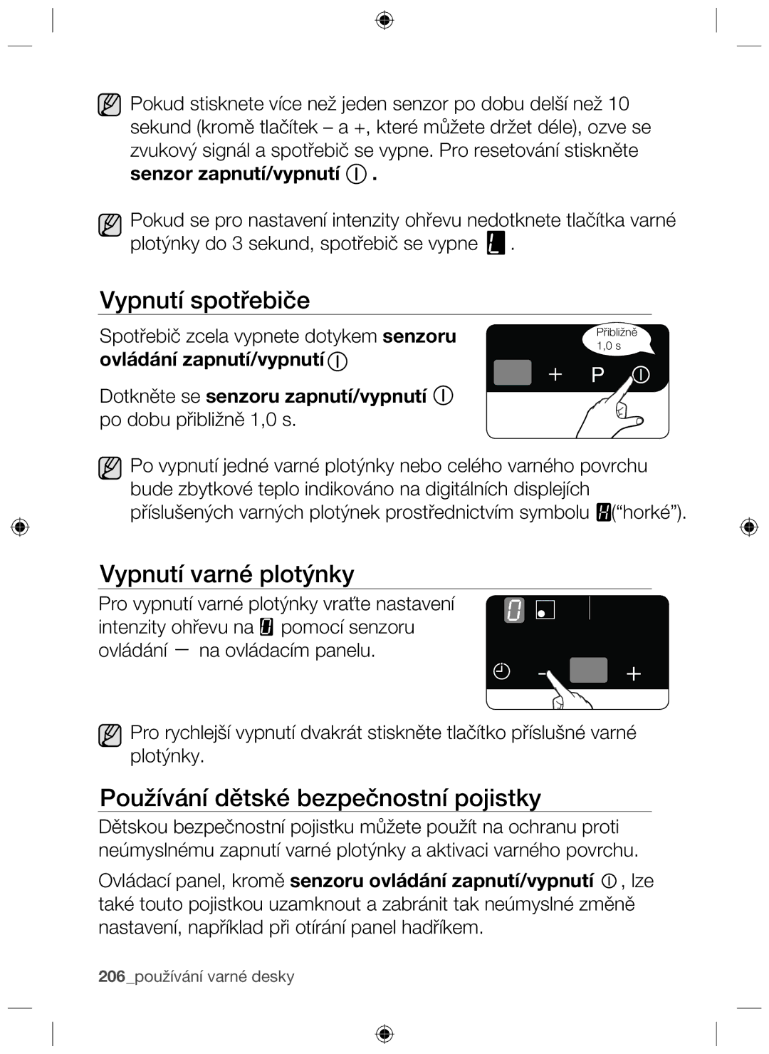 Samsung NZ63F3NM1AB/UR manual Vypnutí spotřebiče, Vypnutí varné plotýnky, Používání dětské bezpečnostní pojistky 