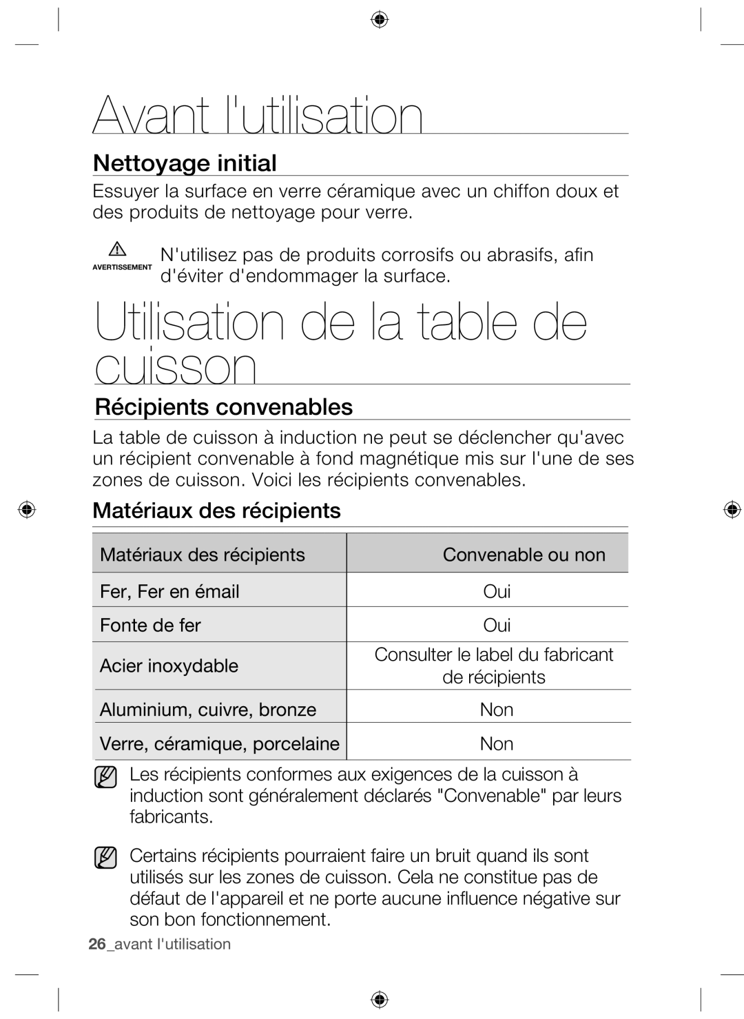 Samsung NZ63F3NM1AB/UR Avant lutilisation, Utilisation de la table de cuisson, Nettoyage initial, Récipients convenables 