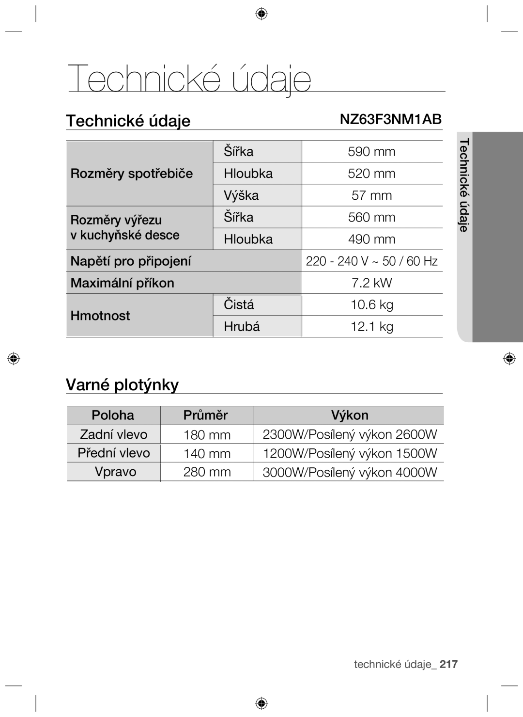 Samsung NZ63F3NM1AB/UR manual Technické údaje 