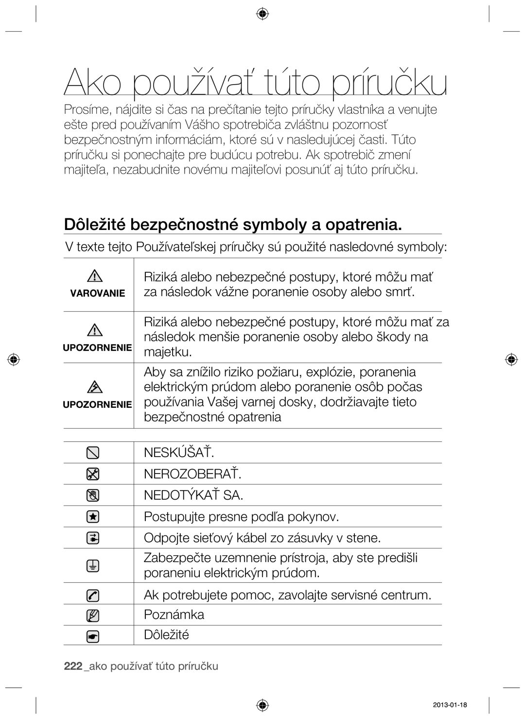 Samsung NZ63F3NM1AB/UR manual Ako používať túto príručku, Dôležité bezpečnostné symboly a opatrenia 