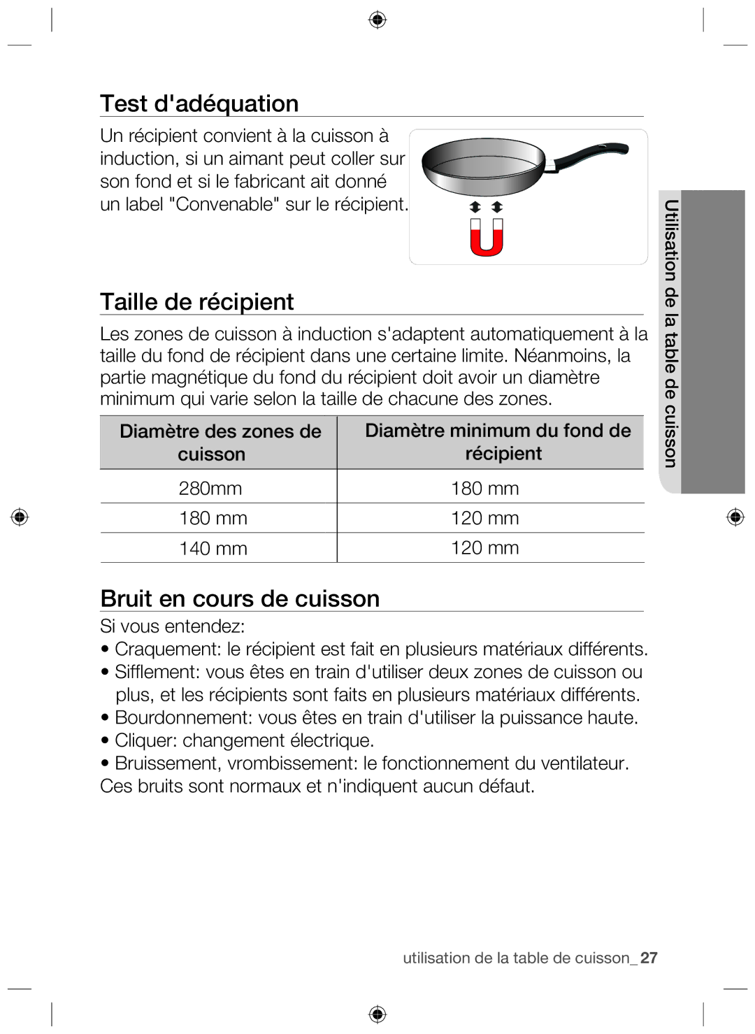 Samsung NZ63F3NM1AB/UR manual Test dadéquation, Taille de récipient, Bruit en cours de cuisson 