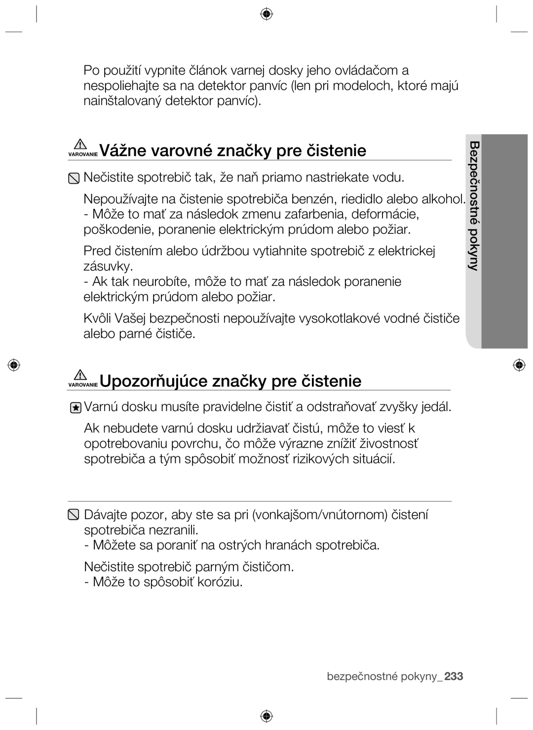 Samsung NZ63F3NM1AB/UR manual Varovanie Vážne varovné značky pre čistenie, Varovanie Upozorňujúce značky pre čistenie 