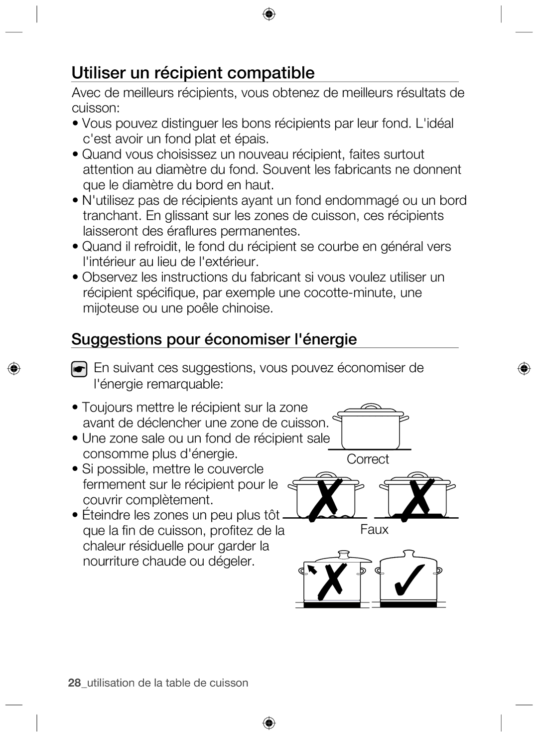 Samsung NZ63F3NM1AB/UR manual Utiliser un récipient compatible, Suggestions pour économiser lénergie 