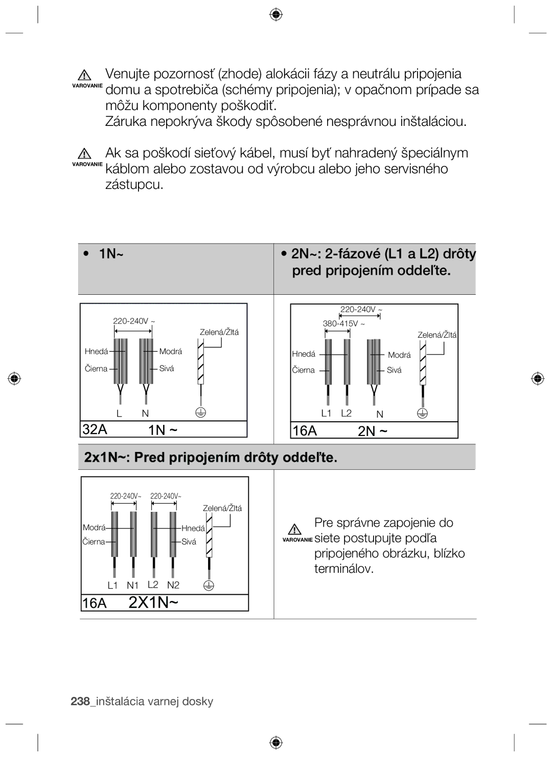 Samsung NZ63F3NM1AB/UR manual 16A 2X1N~, 2x1N~ Pred pripojením drôty oddeľte 