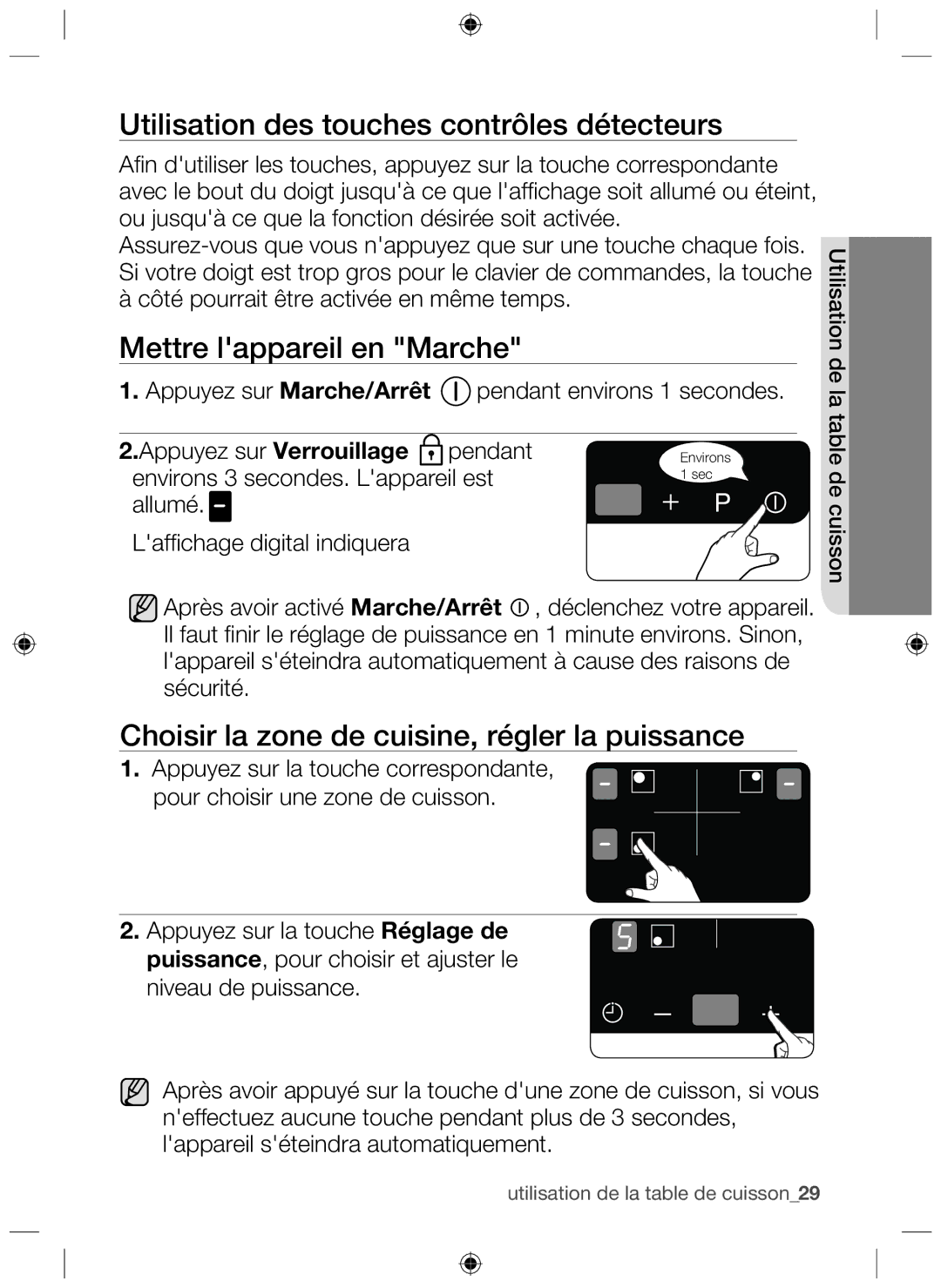 Samsung NZ63F3NM1AB/UR Utilisation des touches contrôles détecteurs, Mettre lappareil en Marche, Appuyez sur Verrouillage 