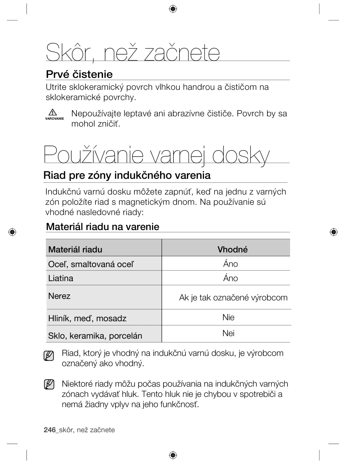 Samsung NZ63F3NM1AB/UR manual Skôr, než začnete, Používanie varnej dosky, Prvé čistenie, Riad pre zóny indukčného varenia 