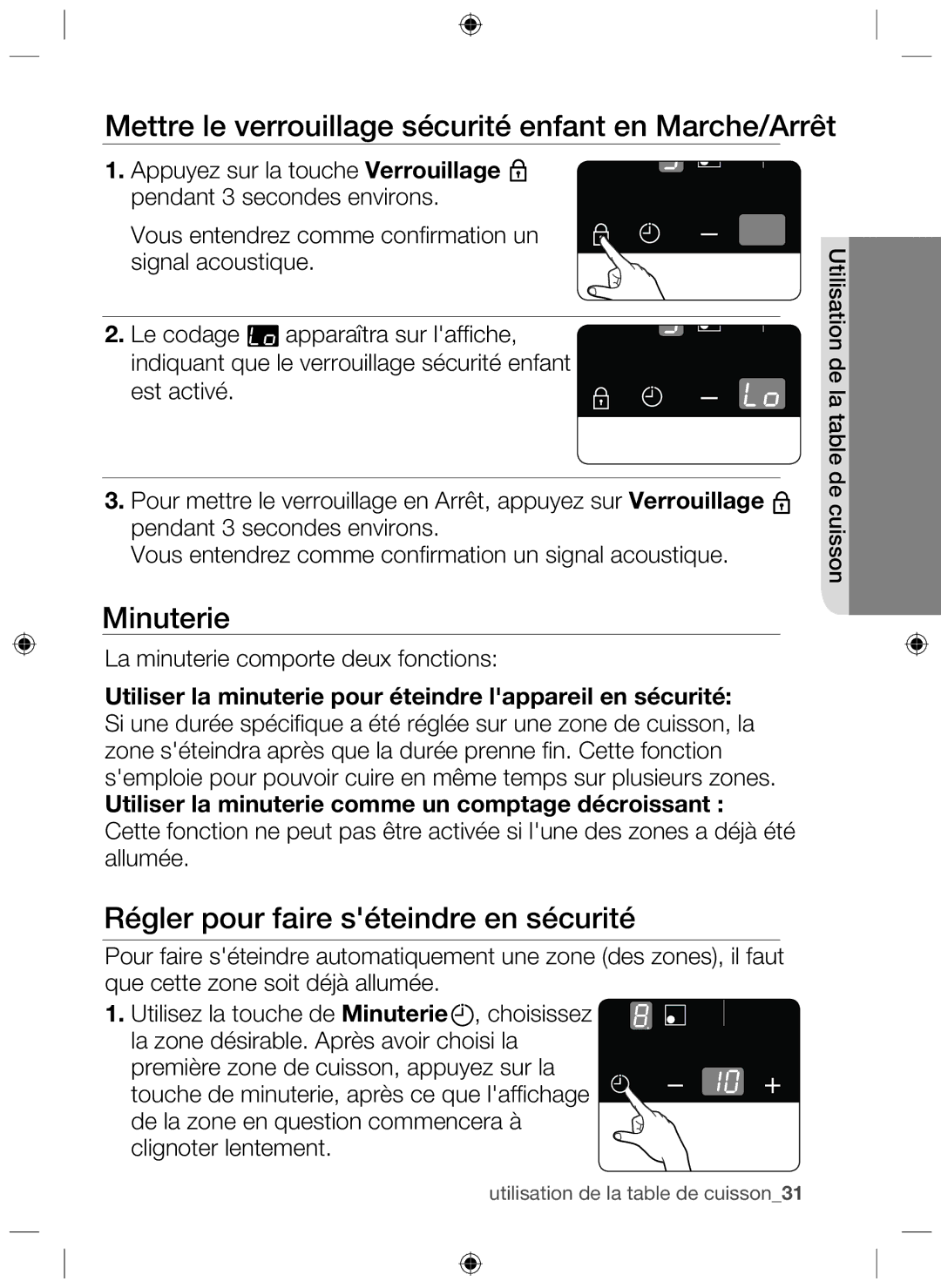 Samsung NZ63F3NM1AB/UR manual Mettre le verrouillage sécurité enfant en Marche/Arrêt, Minuterie 